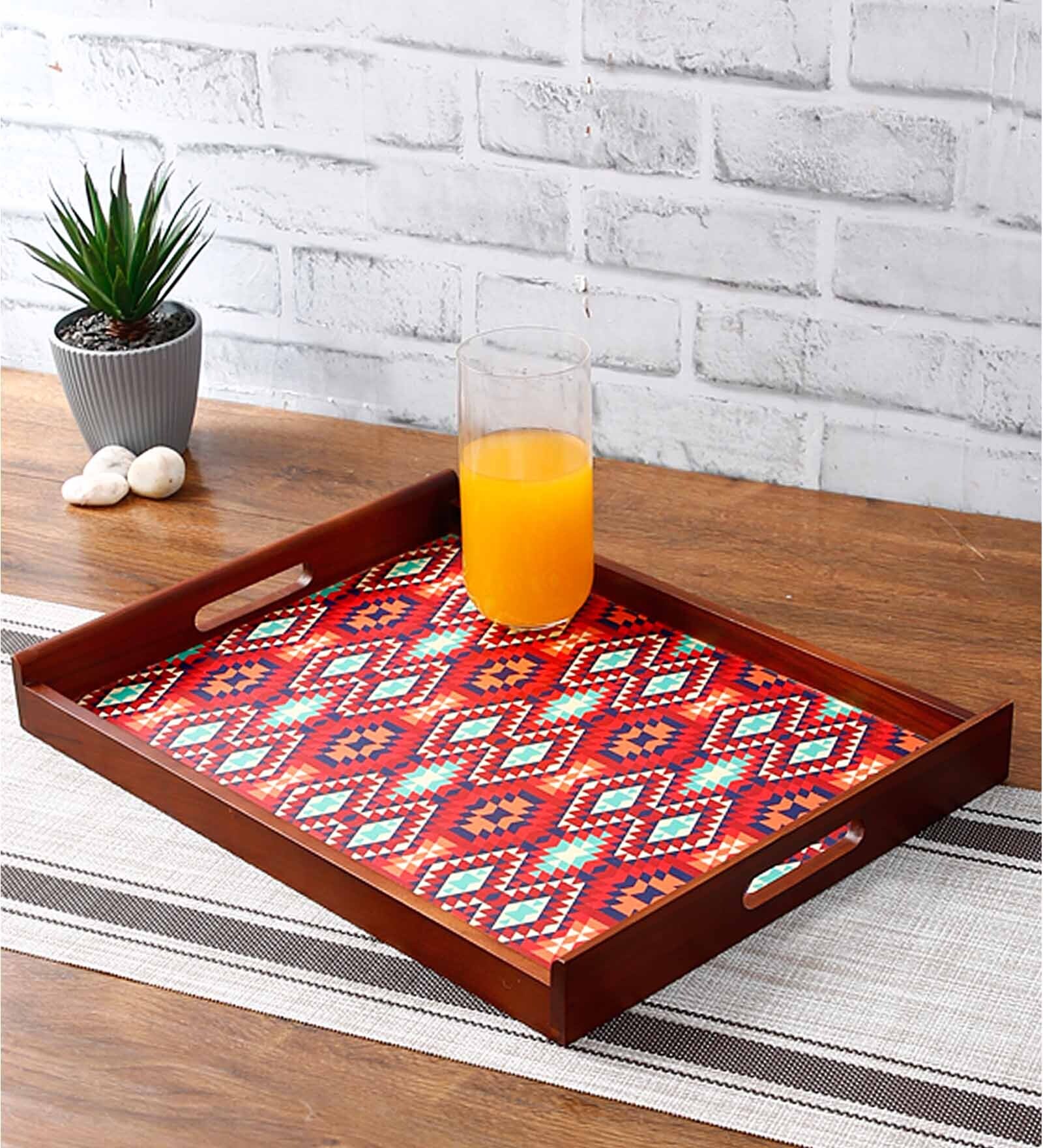 Ikkat Thai Brown Teak Wood & MDF Serving Tray Reinvention factory