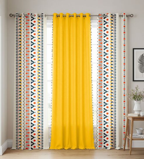Ikat Orange & Aura Yellow Printed Cotton Curtains for Window Pack of 3