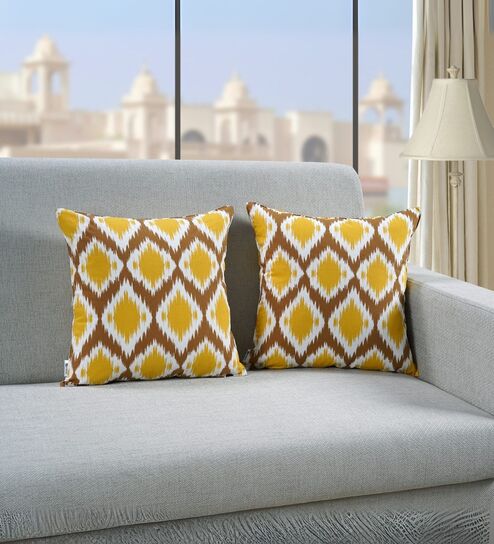 Ikat Print Cotton Cushion Cover - Yellow & Brown, 24 x 24 inches (Set of 2)