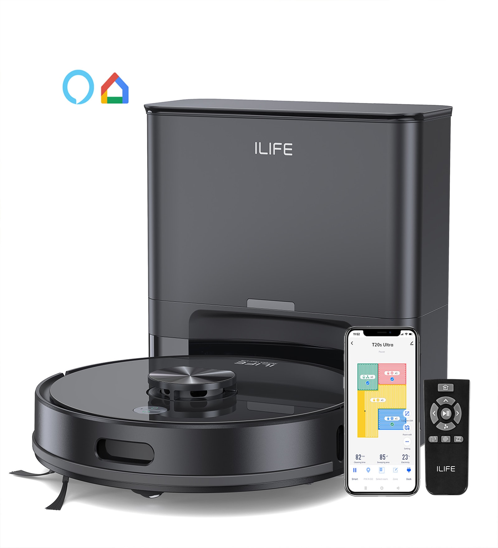ILIFE T20s Ultra Self-Emptying Robotic Vacuum Cleaner with Upgraded LiDAR Navigation, 10,000Pa Strong Suction, Simultaneous Vac and Mop, Large Battery, Multi Floor Mapping, Customised Cleaning, Y Shape Mopping, App, Voice and Remote Control ILIFE T20s Ultra Self-Emptying Robotic Vacuum Cleaner with Upgraded LiDAR Navigation, 10,000Pa Strong Suction, Simultaneous Vac and Mop, Large Battery, Multi Floor Mapping, Customised Cleaning, Y Shape Mopping, App, Voice and Remote Control