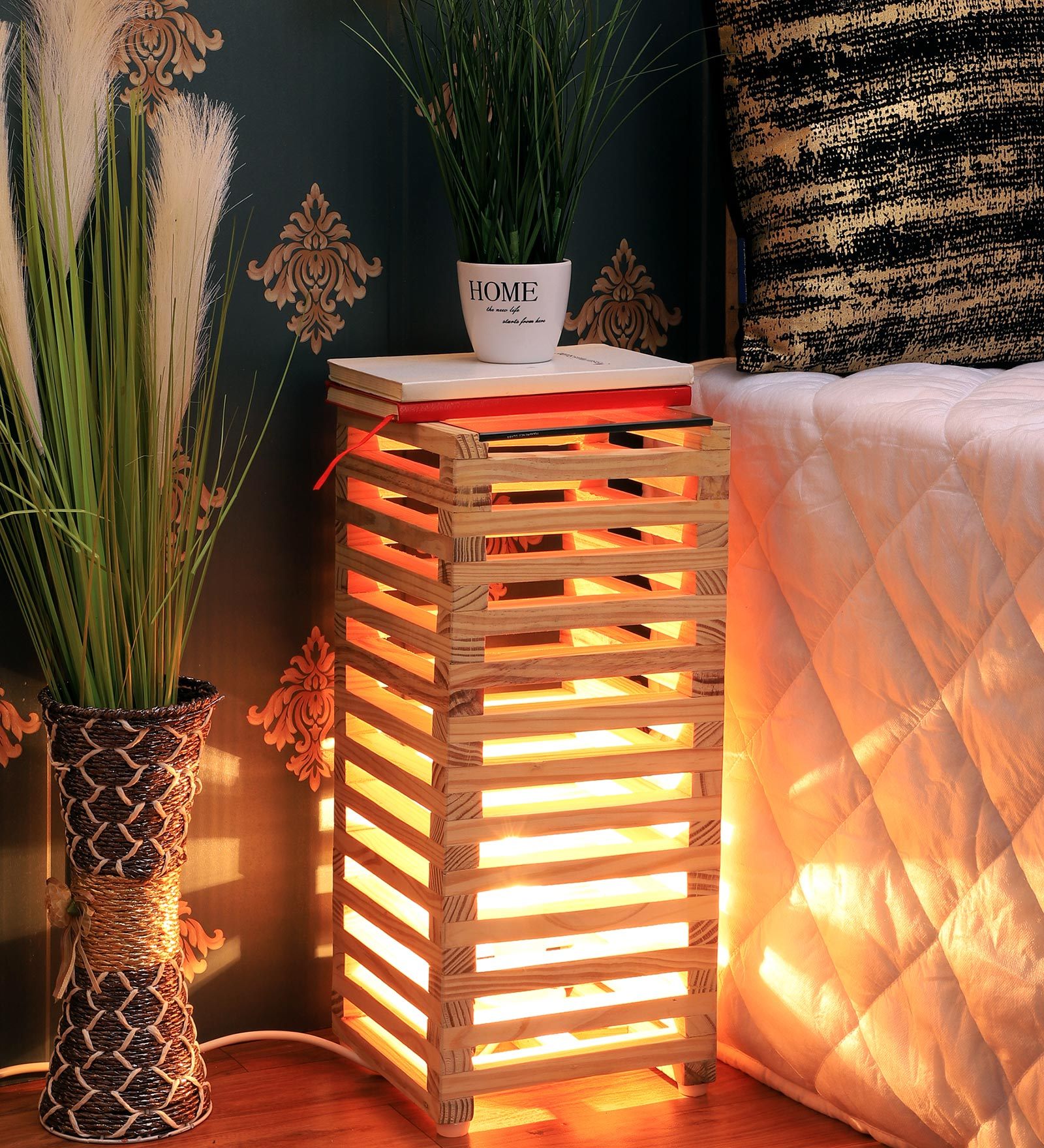 Illuminating Bed Side Night Stand Floor Lamp with Natural Wood Base