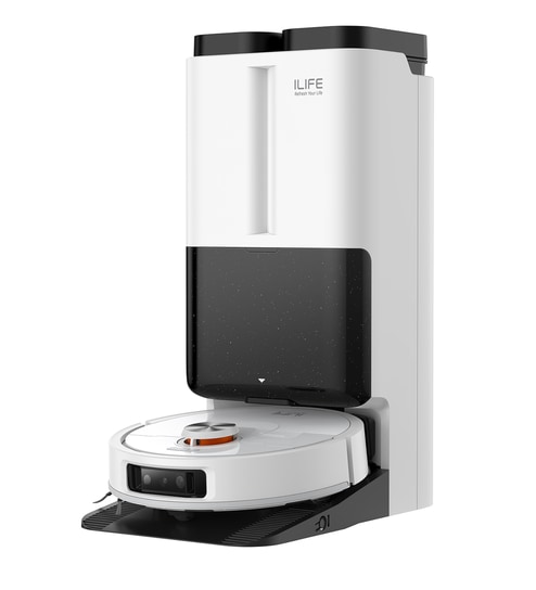 ILIFE T60s Robotic Vacuum & Mop with Self-Sufficient Station for Auto Hot Water Wash & Refill,  Hot Air-Drying, Self-Emptying, Hair Collection Mechanism, AI & LiDAR Navigation, Auto Mop Lift, Extendable Mop, Strong Suction, App, Alexa, and Google Home