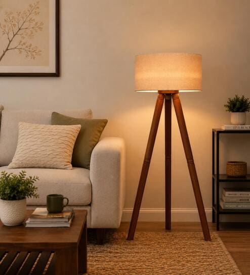 Illumi E-27 Holder Walnut Finish Mango Wood Tripod Floor Lamp with Beige Colour Jute Shade