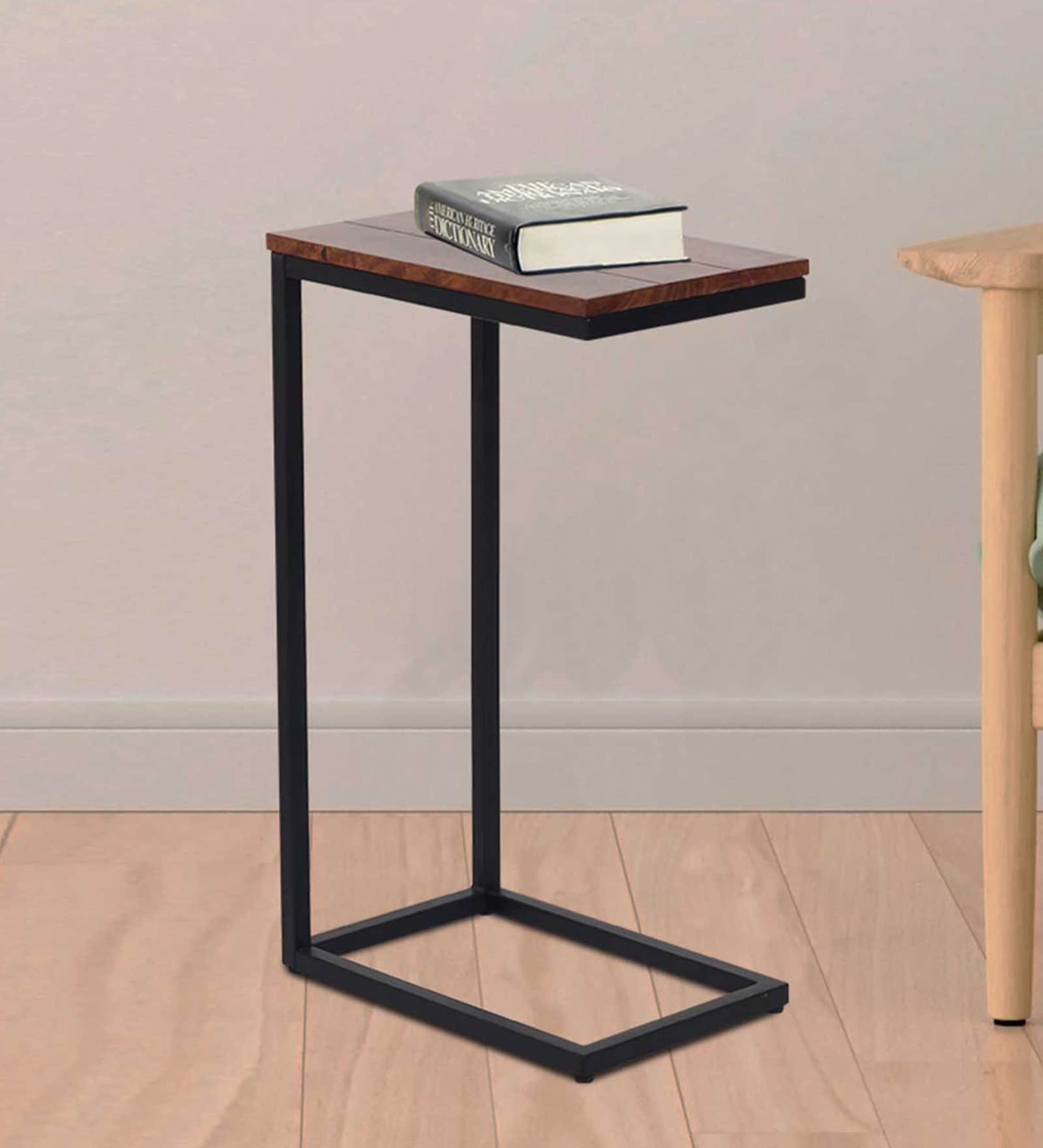 Imel Metal C-Shape End Table in Chestnut Finish & Black Metal Colour