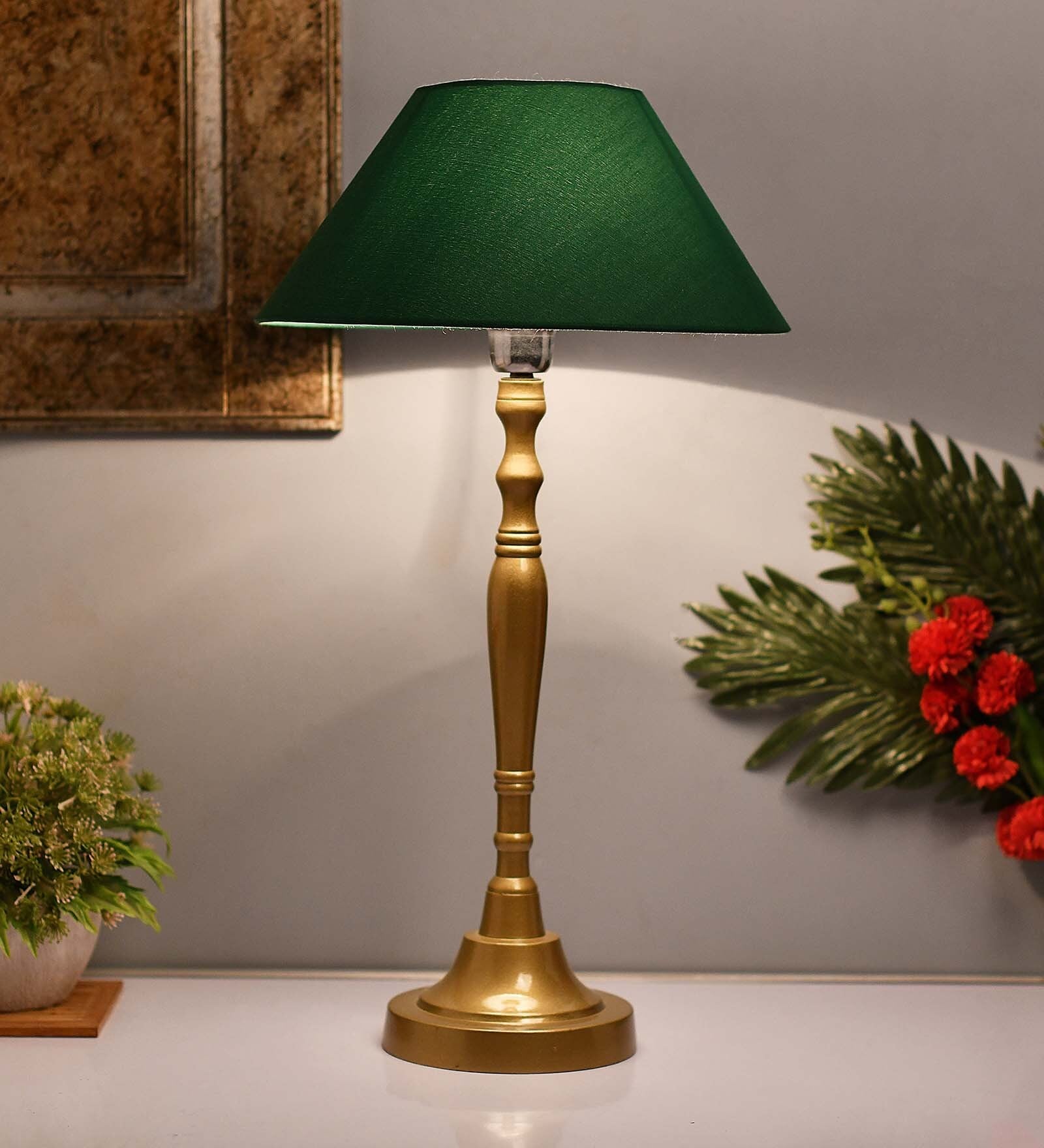 Imperial gold brushed lamp with green shade