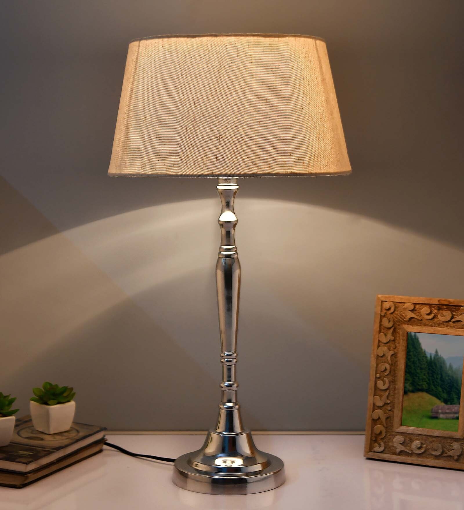 Imperial nickel brushed lamp with khadi shade