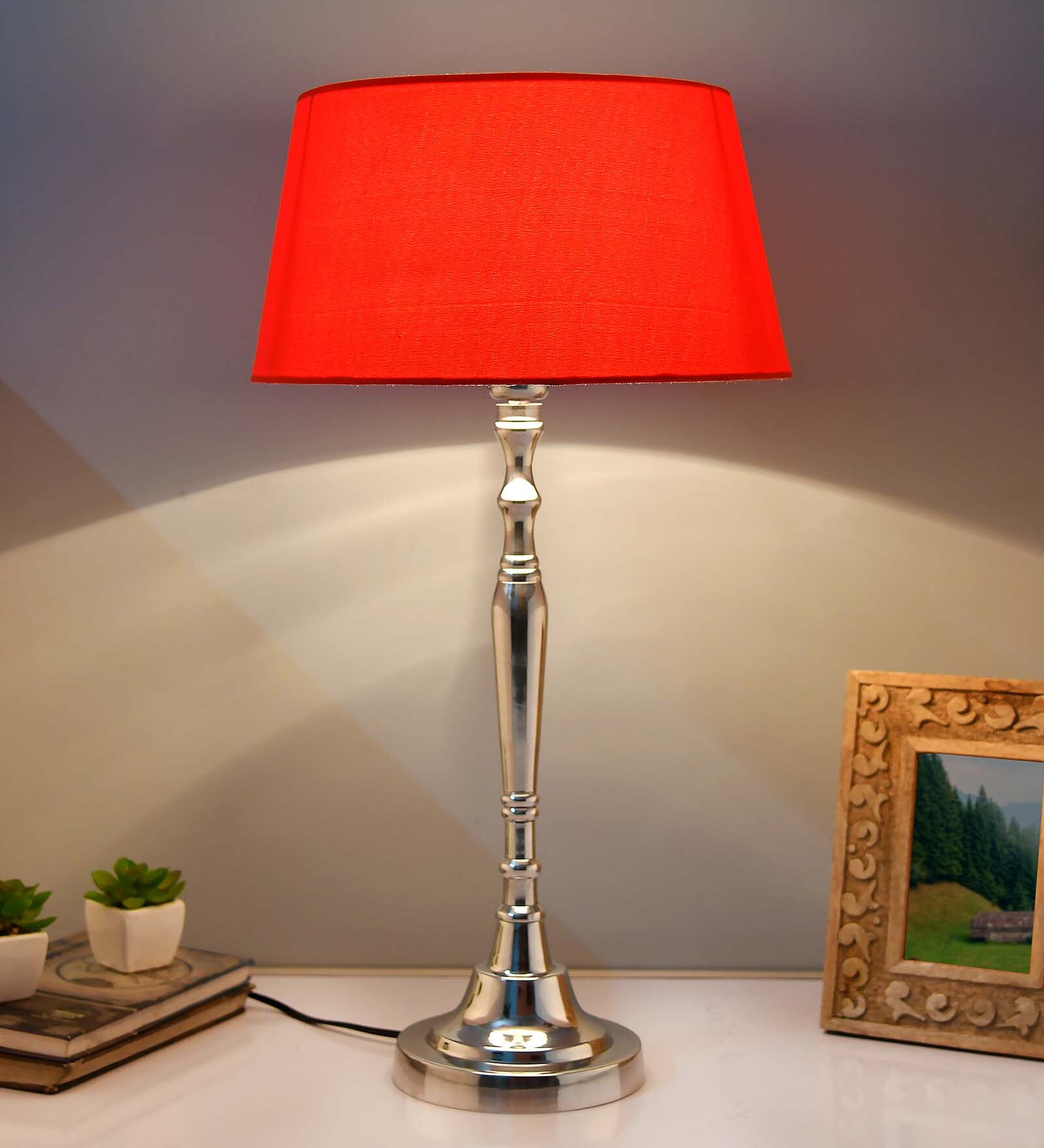 Imperial nickel brushed lamp with red shade