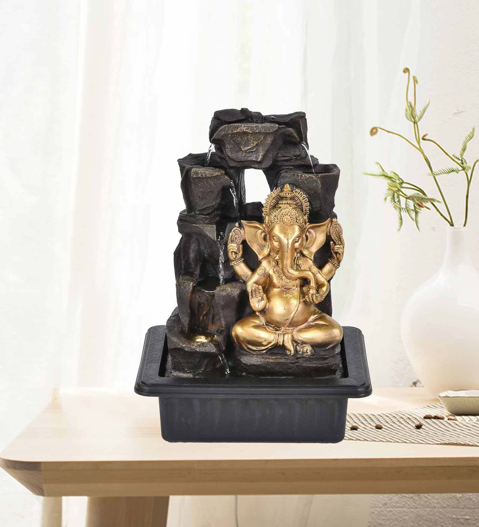 Impression Ornate Ganesha Black & Gold Polyresin Water Fountain