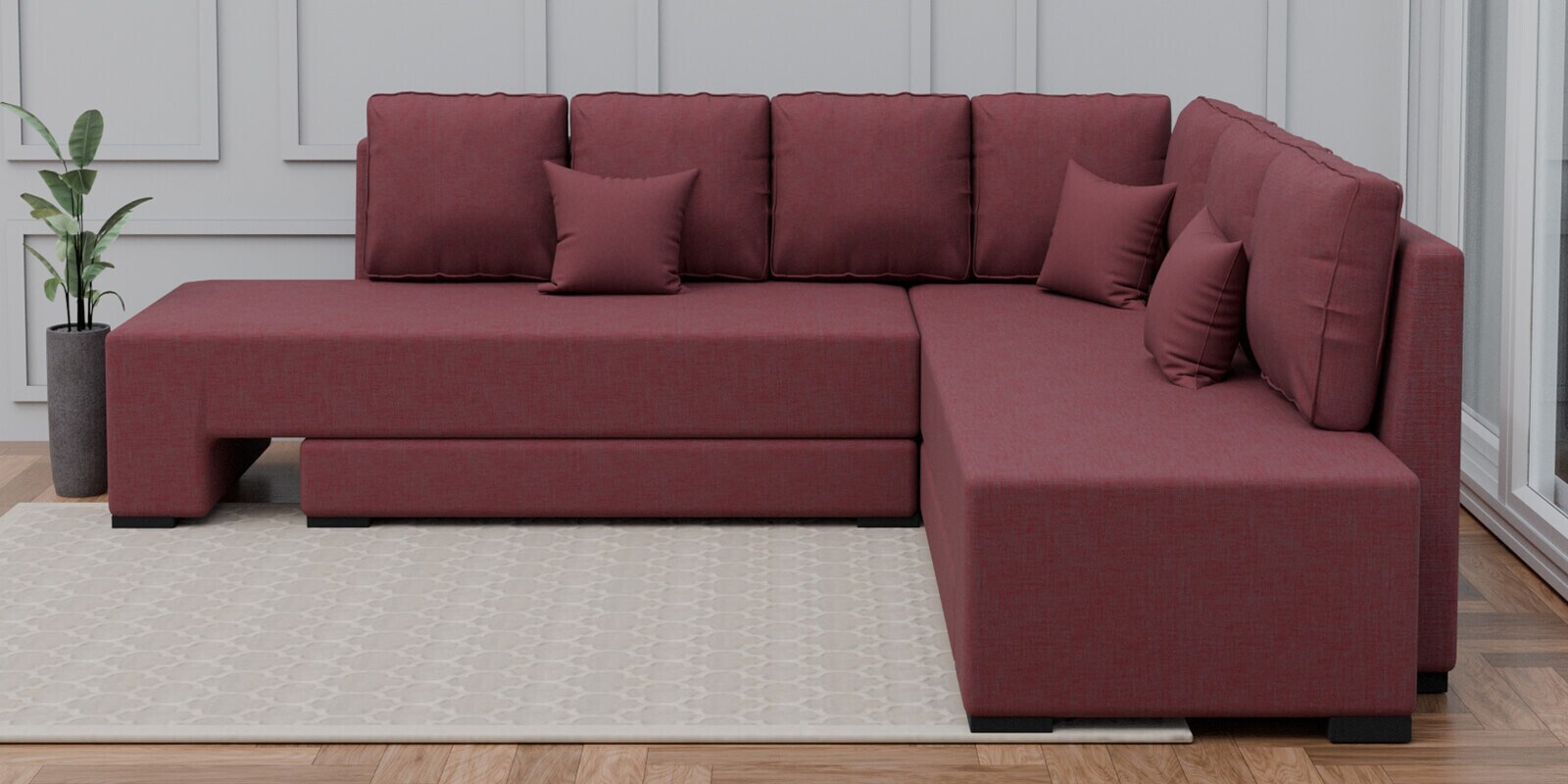 Imperial RHS L Shape Convertible Sofa Cum Bed in Maroon Colour