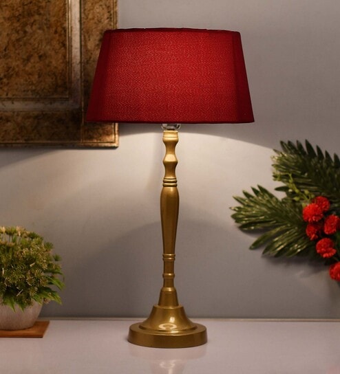 Imperial gold brushed lamp with red shade