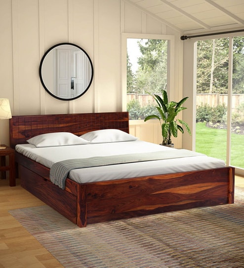 Buy Imperial Queen Size Bed With Drawer Storage In Honey Finish By