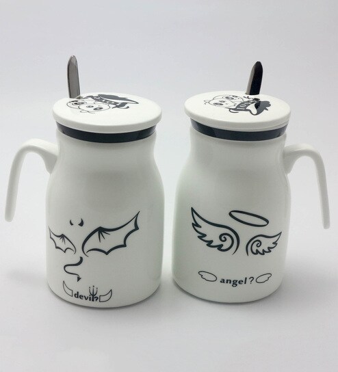 Importwala Devil Angel Ceramic 450 Ml Coffee Mug With Lid Spoon Set Of 2