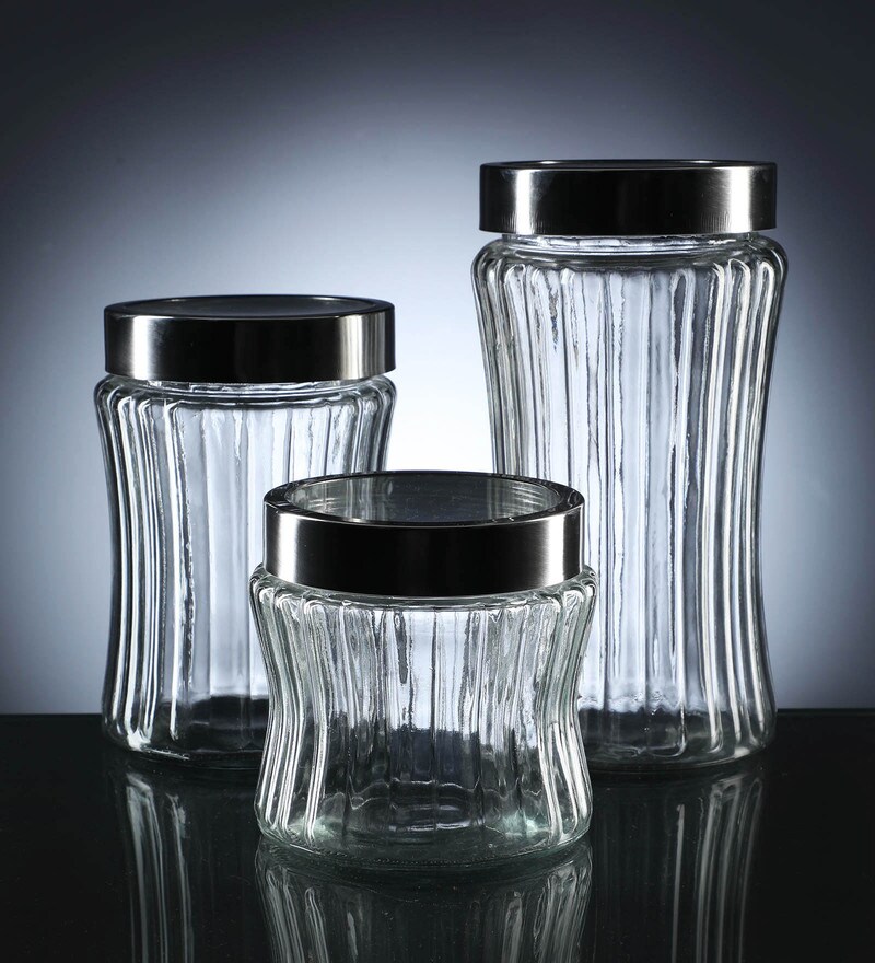 Buy 500 ML Glass Condiment Jars in Transparent Set of 3 by Ceradeco
