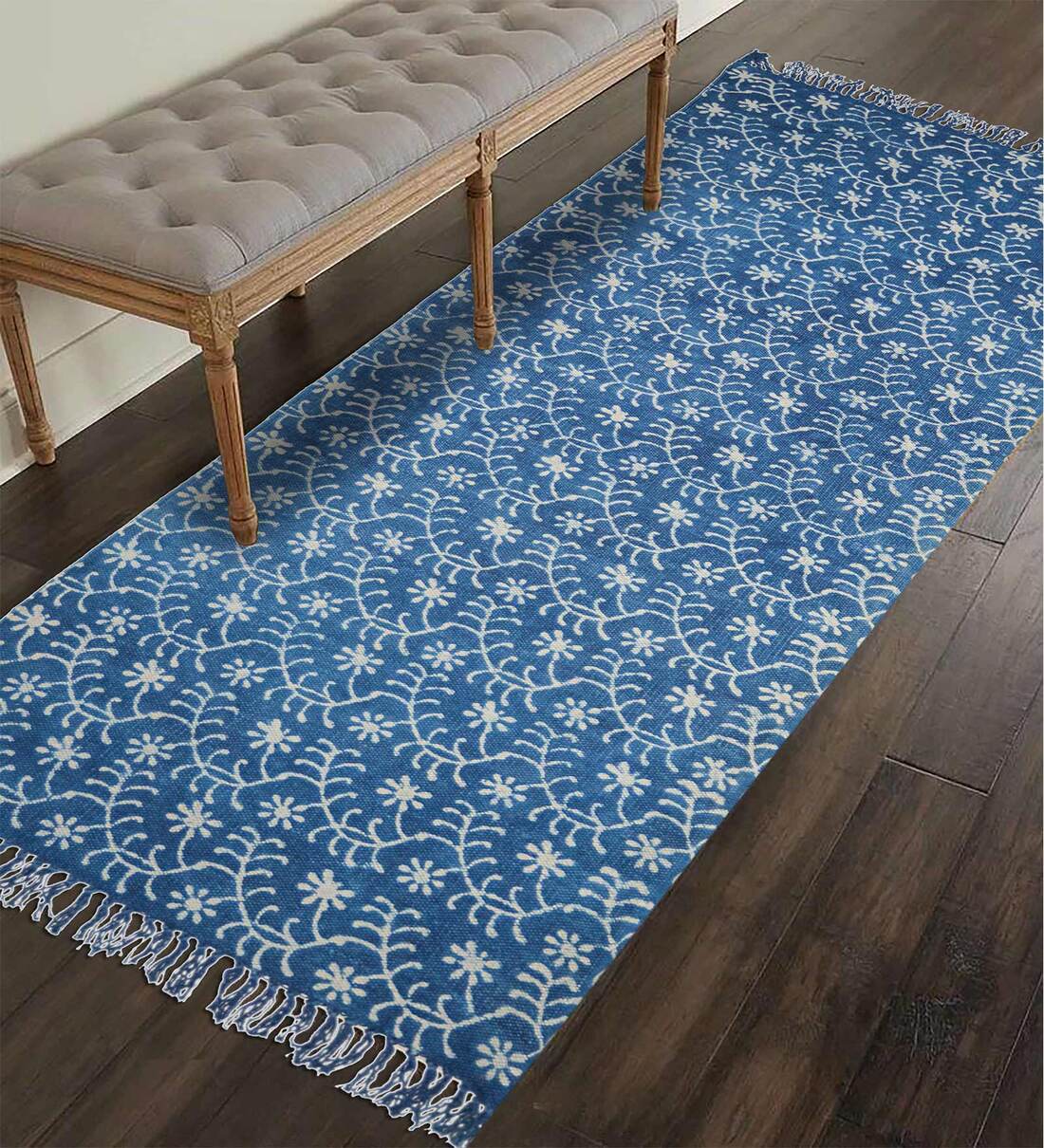 Buy Indigo Cotton floral 72x24 Inches Bedside Runner by Potlistudio at