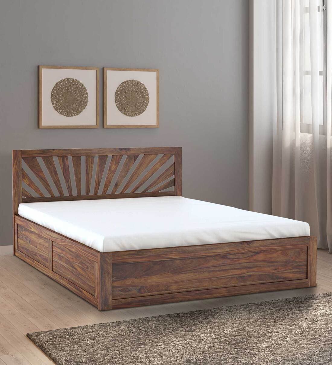 Buy Infinity Sheesham Wood Queen Size Bed In Teak Finish With Box ...