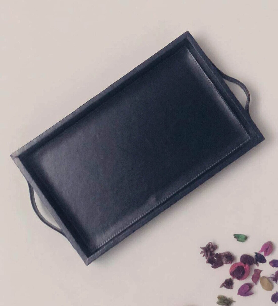 Buy Ink Blue Premium Leather Serving Tray with Handles By Casa Gold