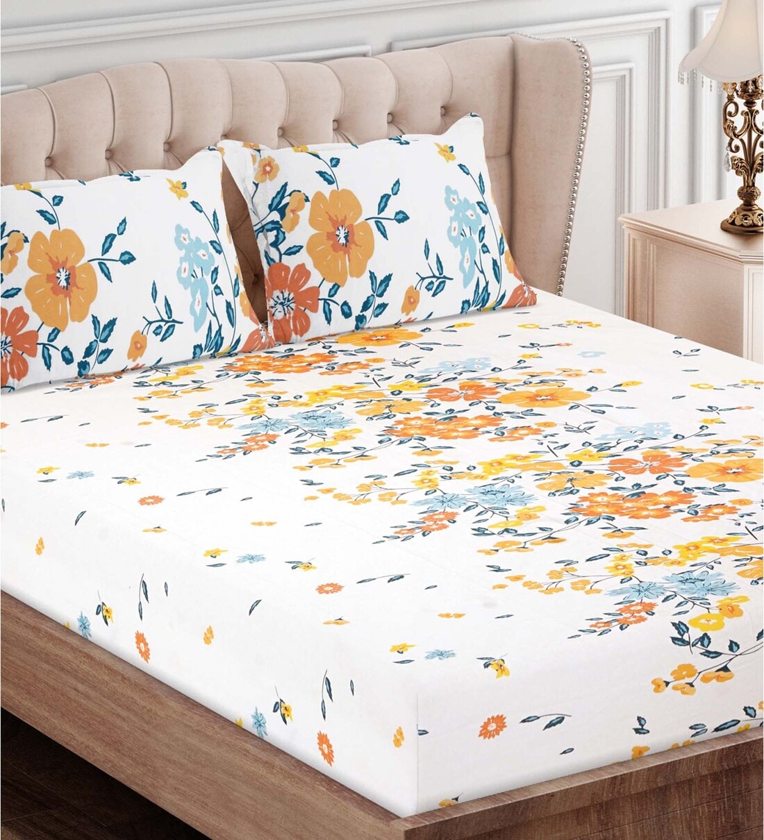 Buy Brown Floral 160 TC Cotton Queen Sized Bed Sheets with 2 Pillow