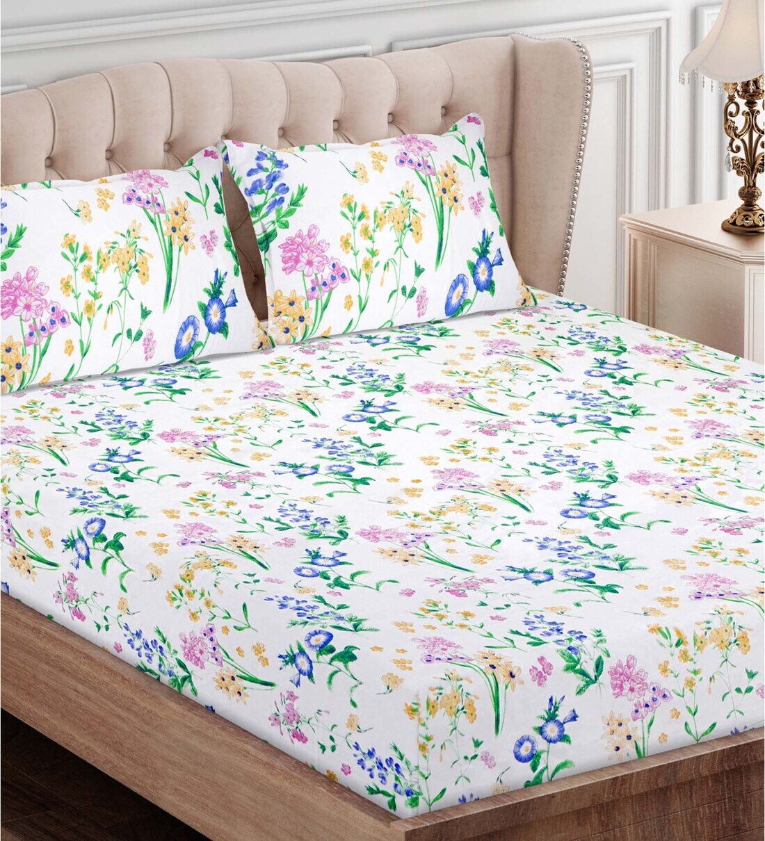 Buy Purple Floral 160 TC Cotton Queen Sized Bed Sheets with 2 Pillow