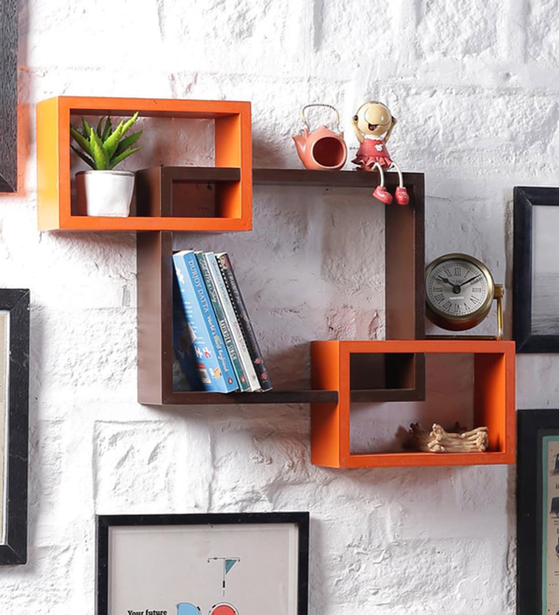 Buy Set Of 3 Engineered Wood Intersecting Wall Shelf In Orange Brown Colour By Driftingwood Online Modern Wall Shelves Wall Shelves Home Decor Pepperfry Product