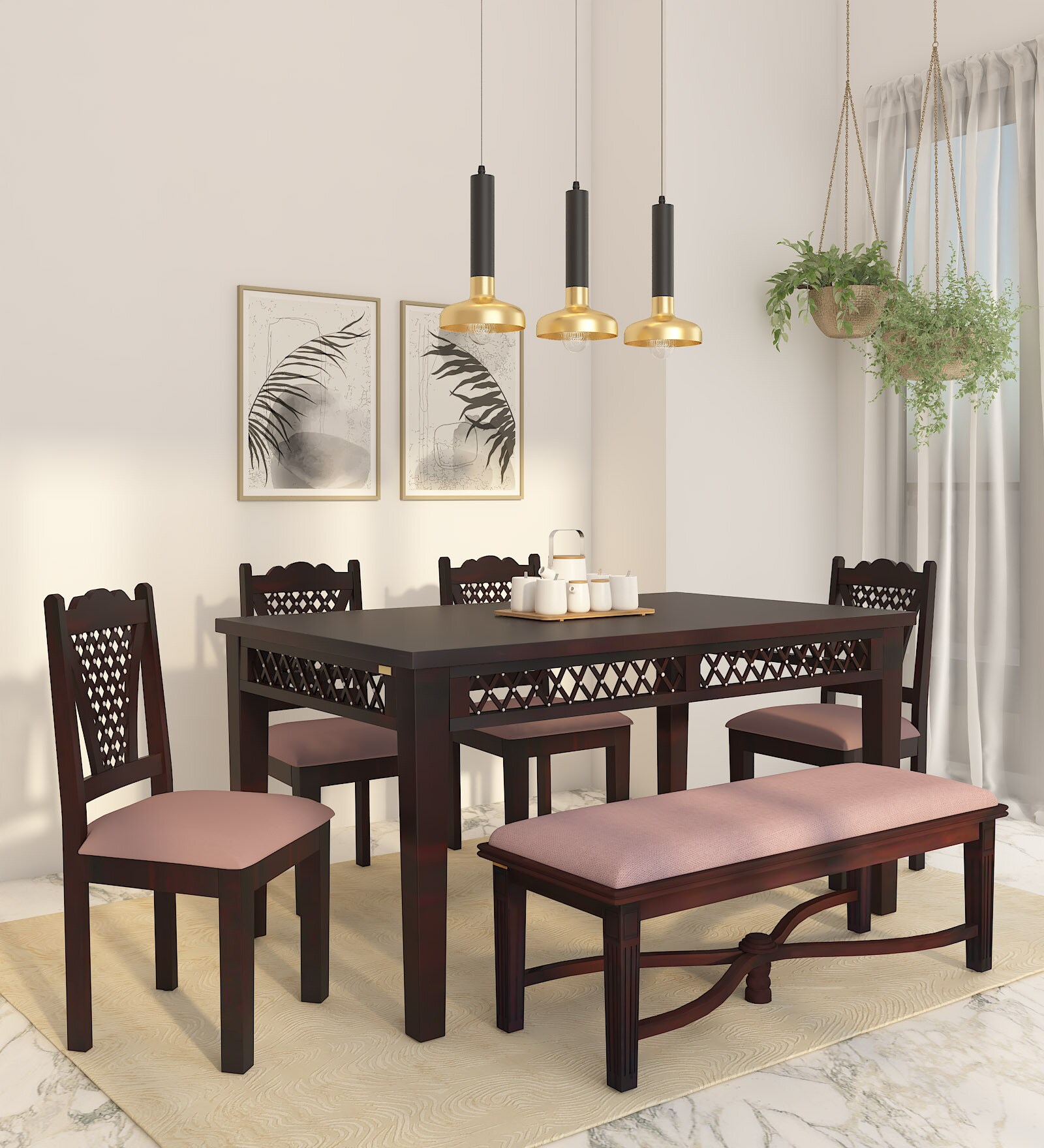 Inaaya Sheesham Wood 6 Seater Dining Set In Dark Mahogany Finish With Bench