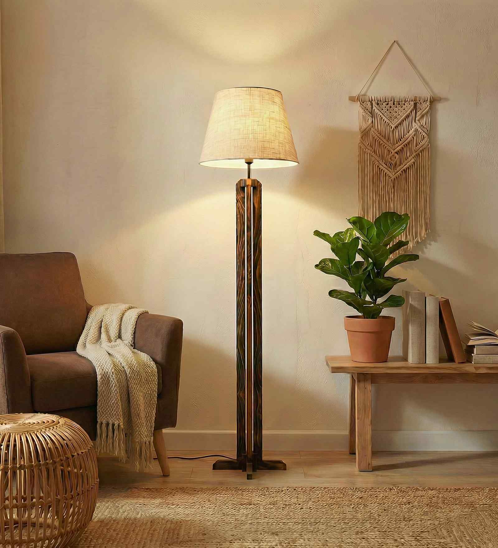 Inca Wooden Floor Lamp with Jute Shade & Brown Base