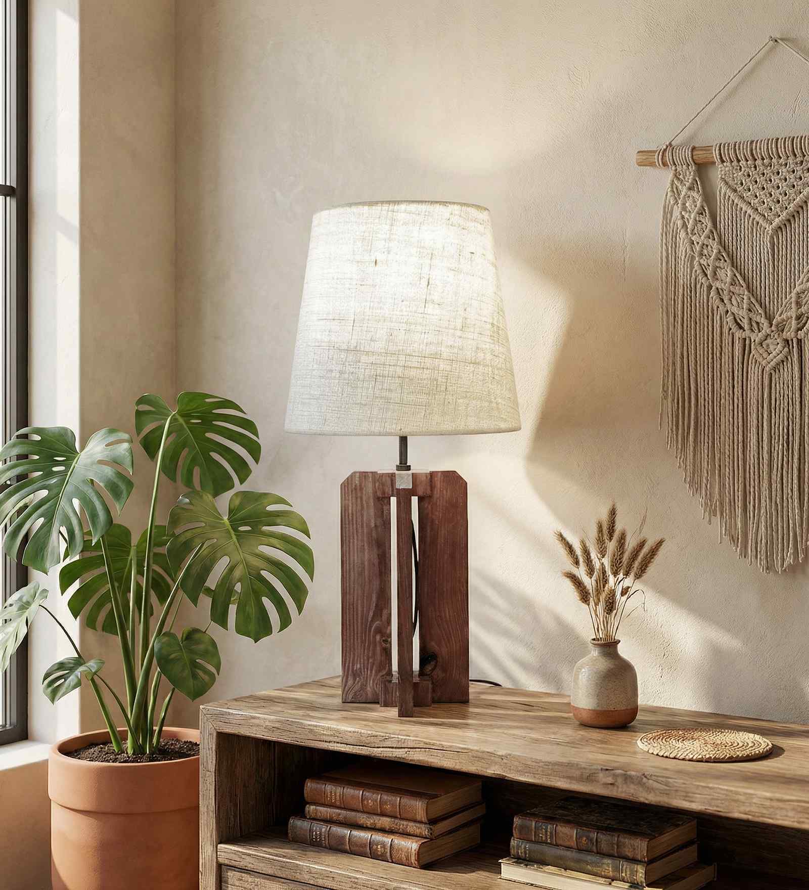 Inca Wooden Table Lamp with Jute Shade & Brown Base
