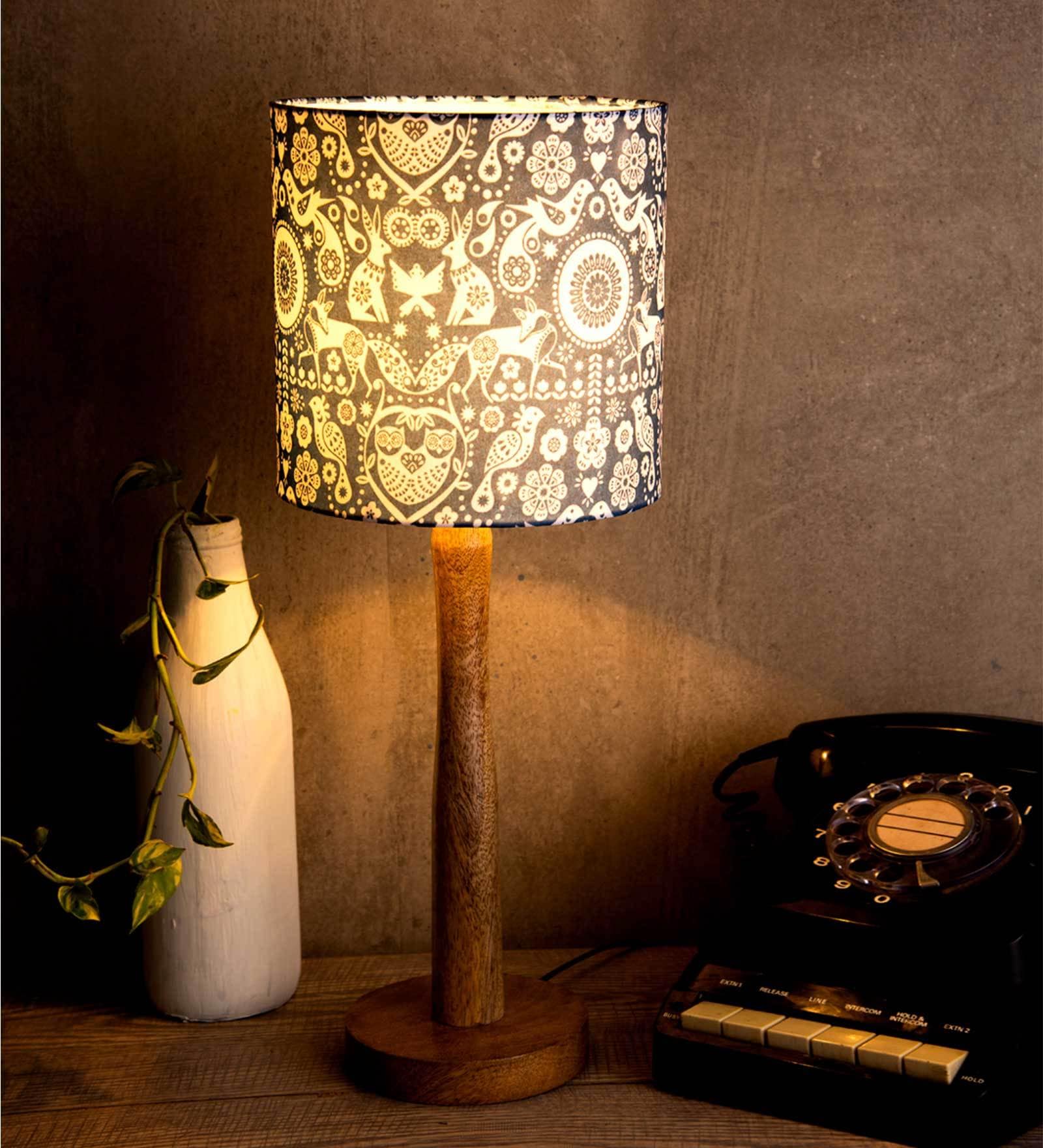 Indian Art Multicolor Satin Shade Table Lamp With Brown Base
