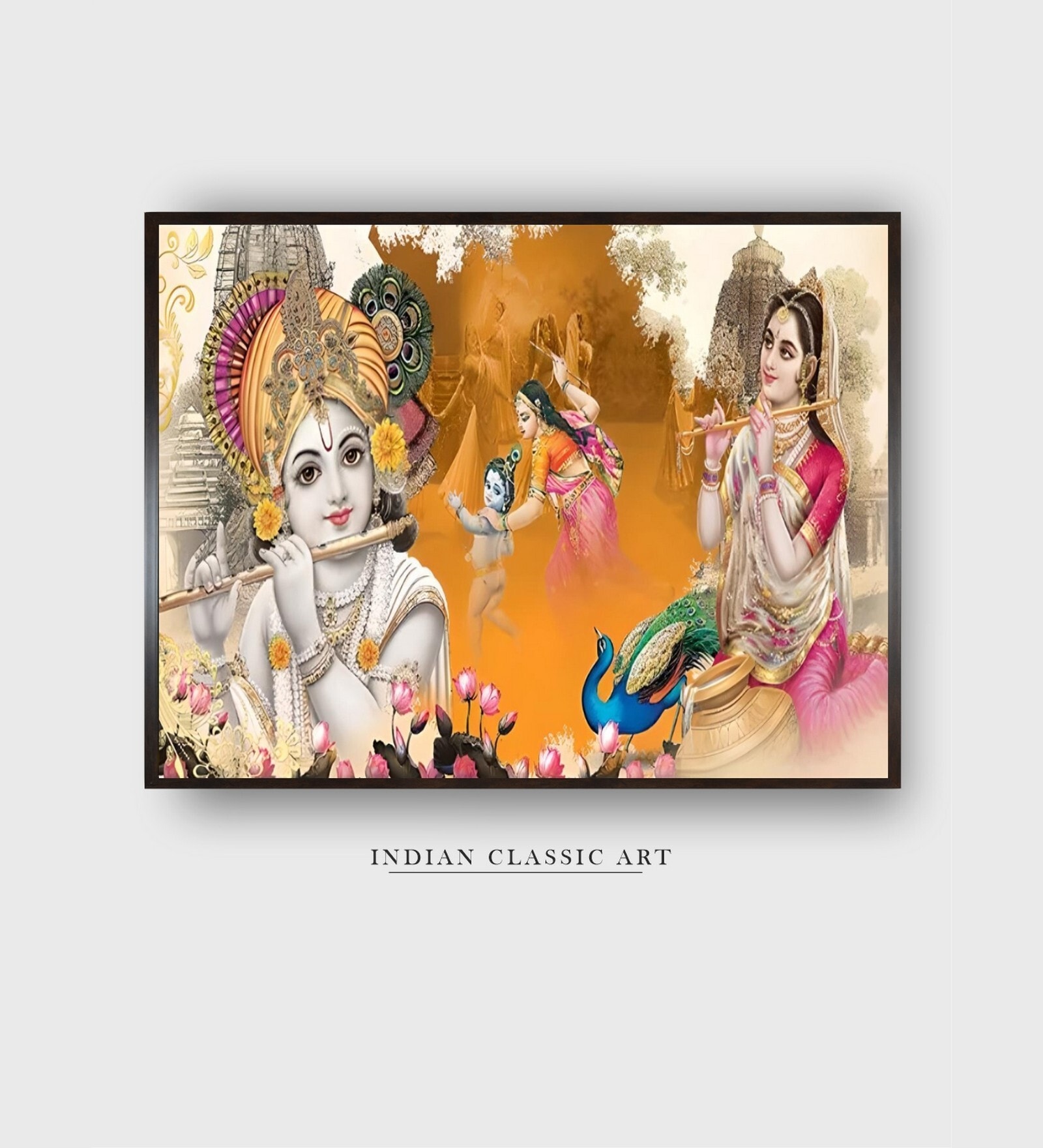 Yellow Radha Krishna Canvas Framed Wall Painting