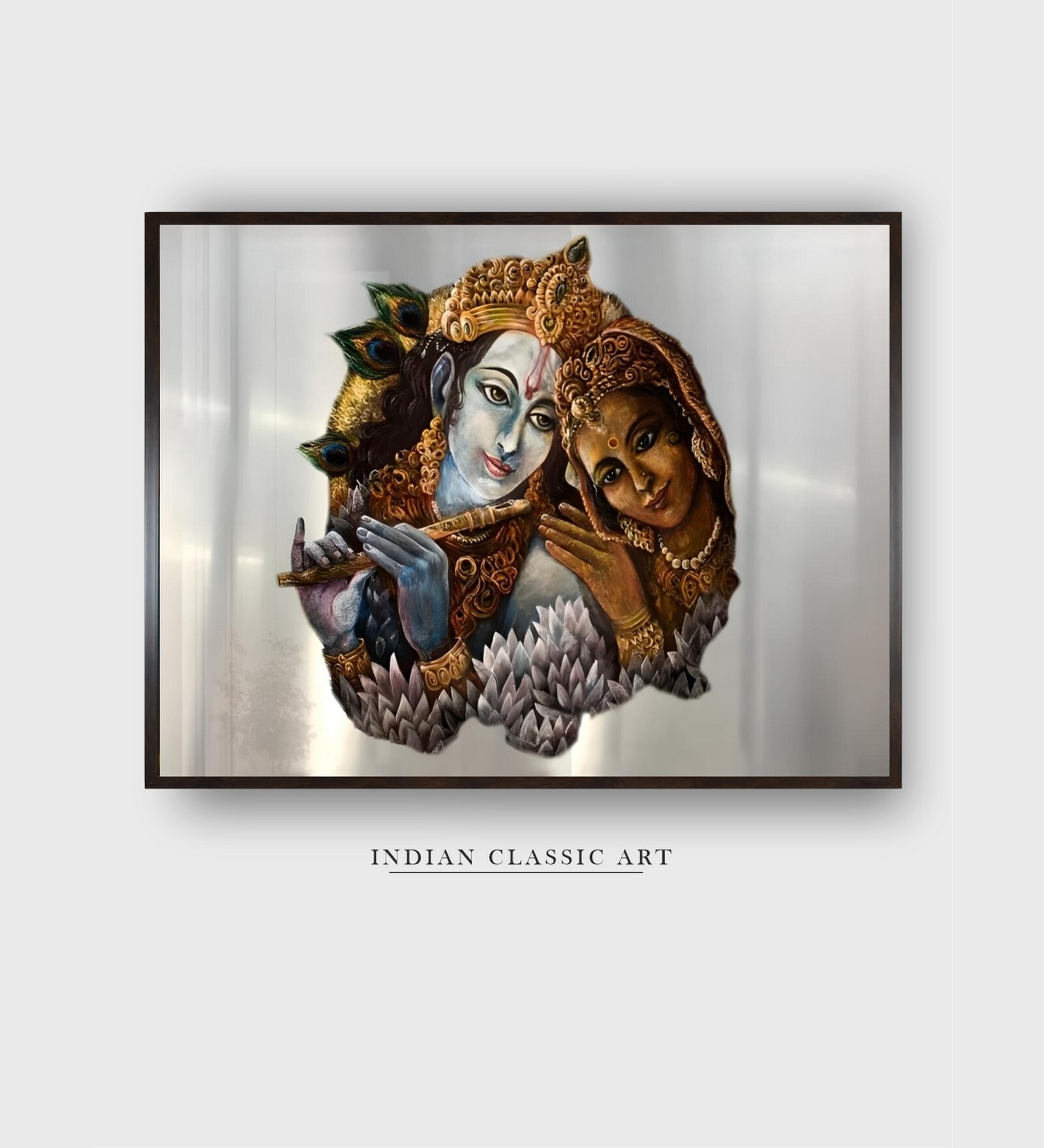 Yellow Radha Krishna Canvas Framed Wall Painting