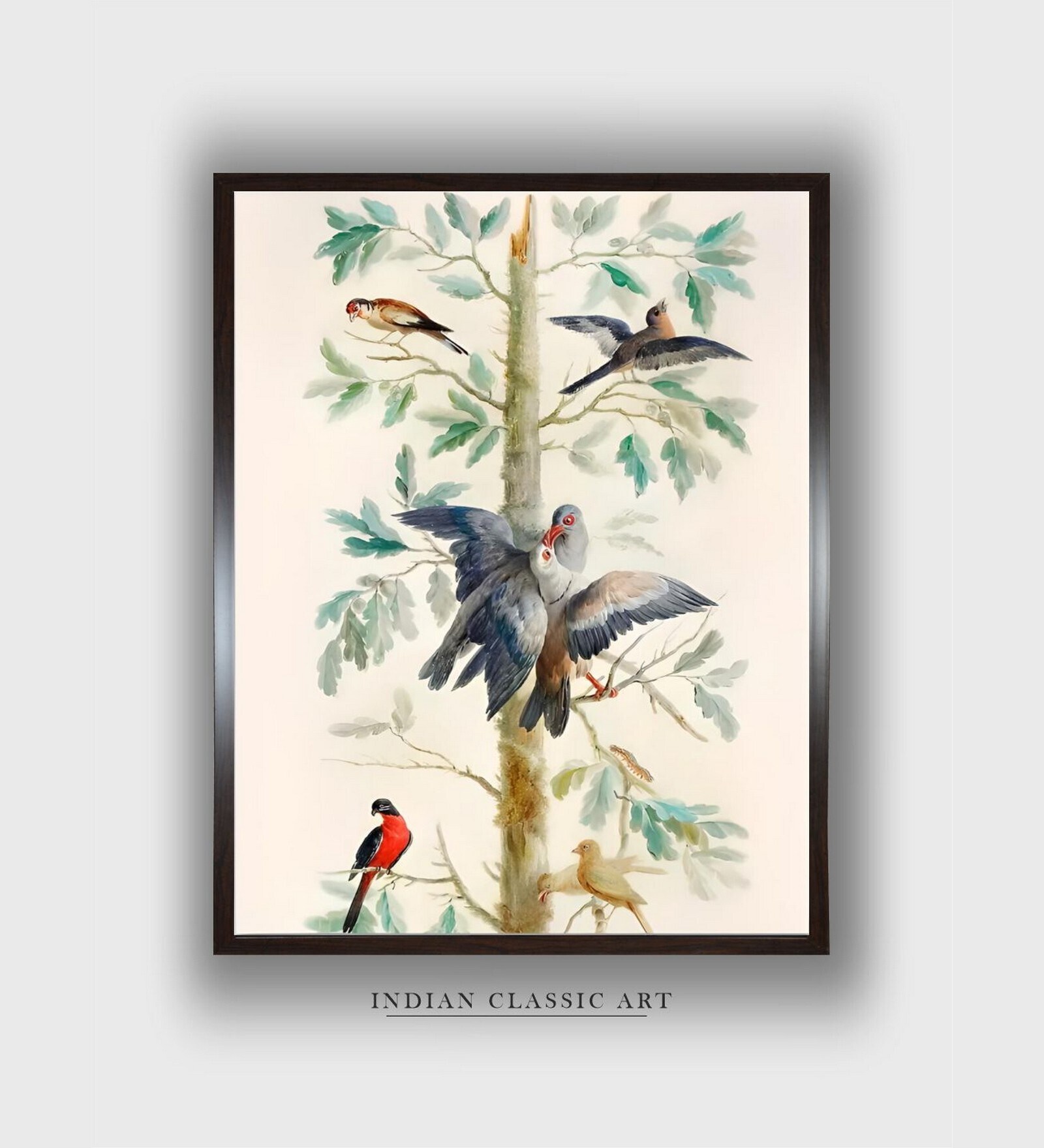 Yellow Mall Bird Floral Canvas Framed Wall Painting