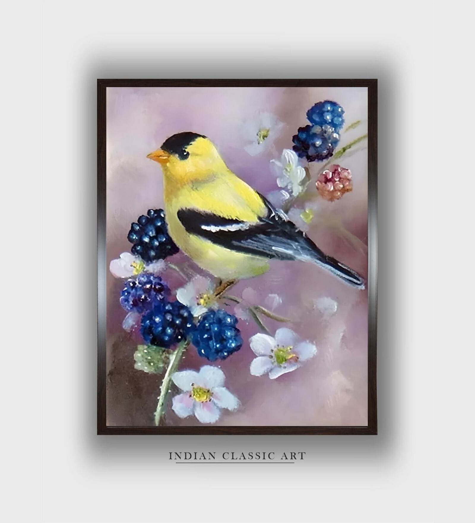 Yellow Mall Bird Floral Canvas Framed Wall Painting