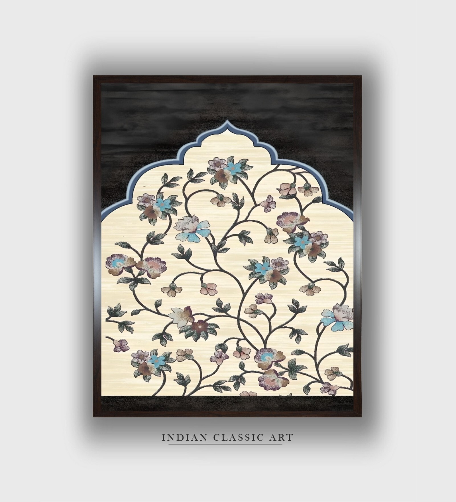 Green Floral Wooden Indian Royal Canvas Framed Wall Painting