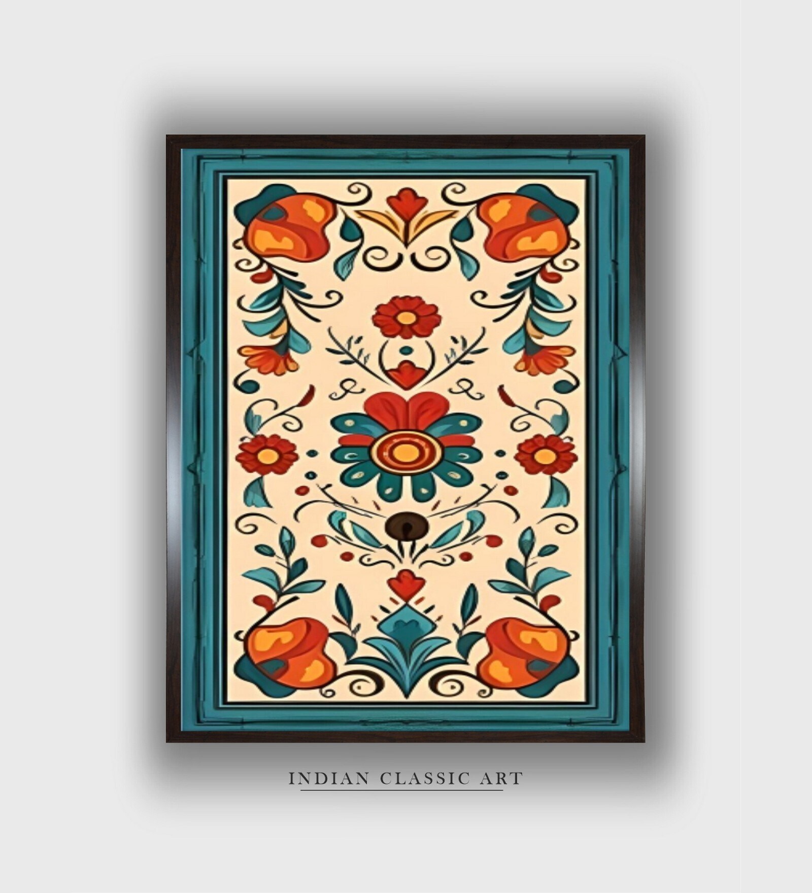 Blue Indian Floral Canvas Framed Wall Painting