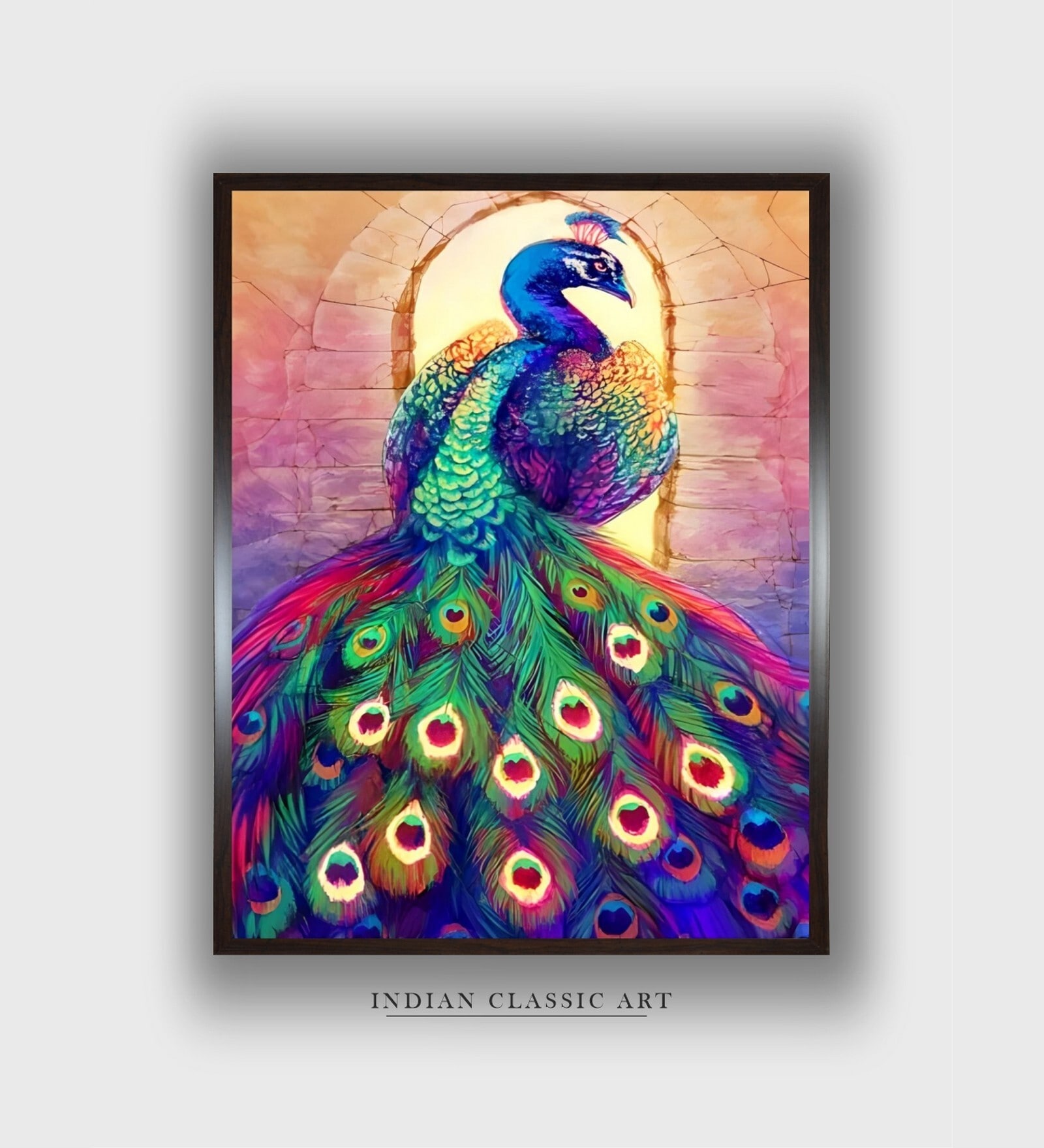 Orange Colored Green Peacock Canvas Framed Wall Painting