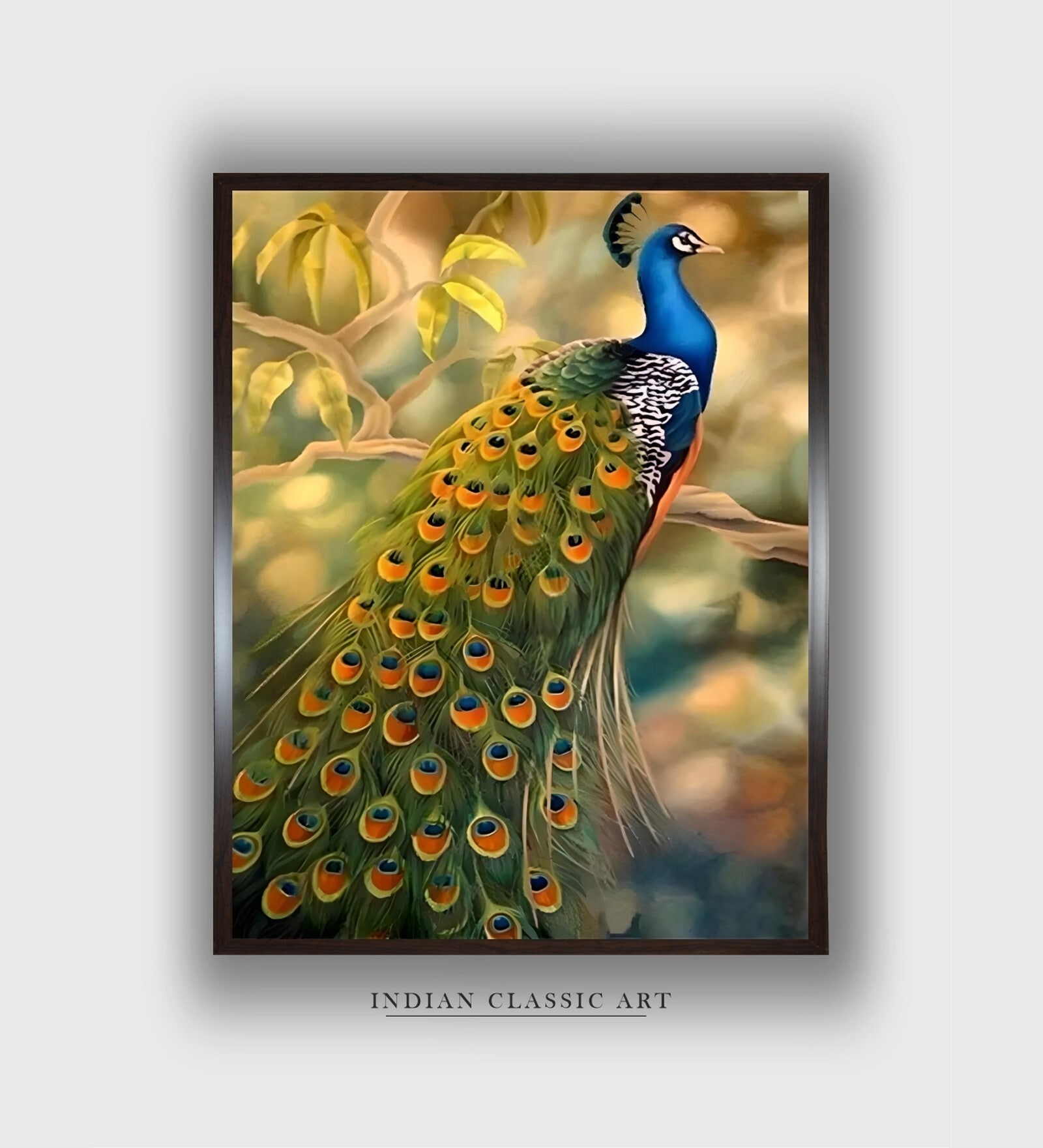 Orange Colored Green Peacock Canvas Framed Wall Painting