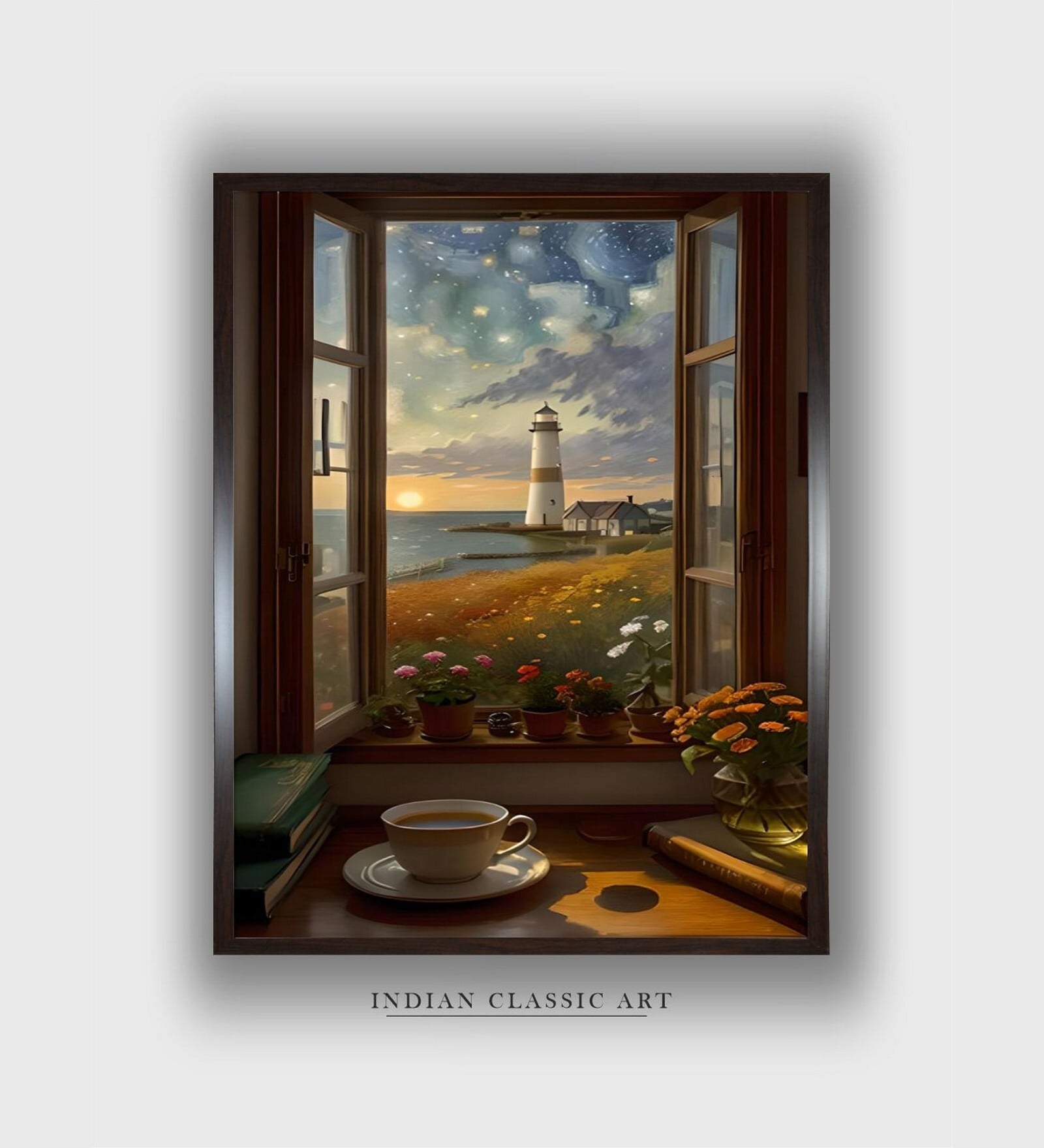 Lighthouse With Flowers Coastal Canvas Framed Wall Painting