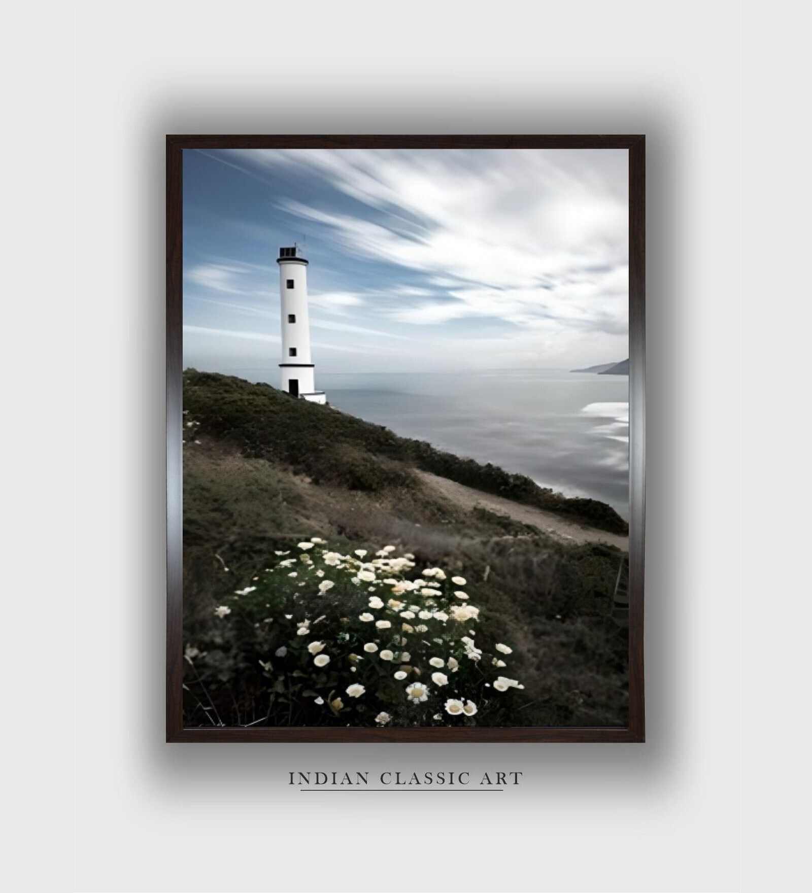 Lighthouse With Flowers Coastal Canvas Framed Wall Painting