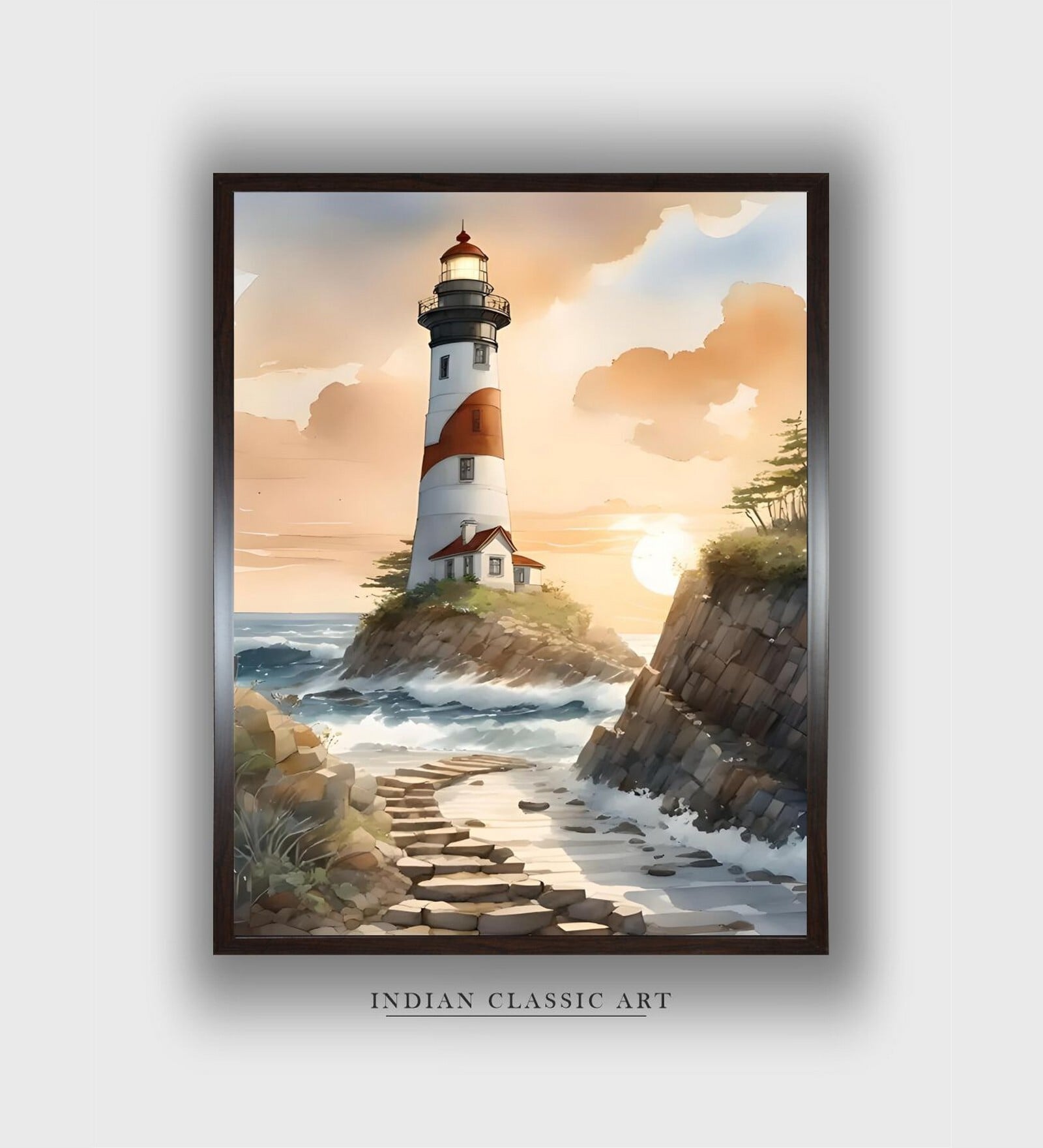 Lighthouse With Flowers Coastal Canvas Framed Wall Painting