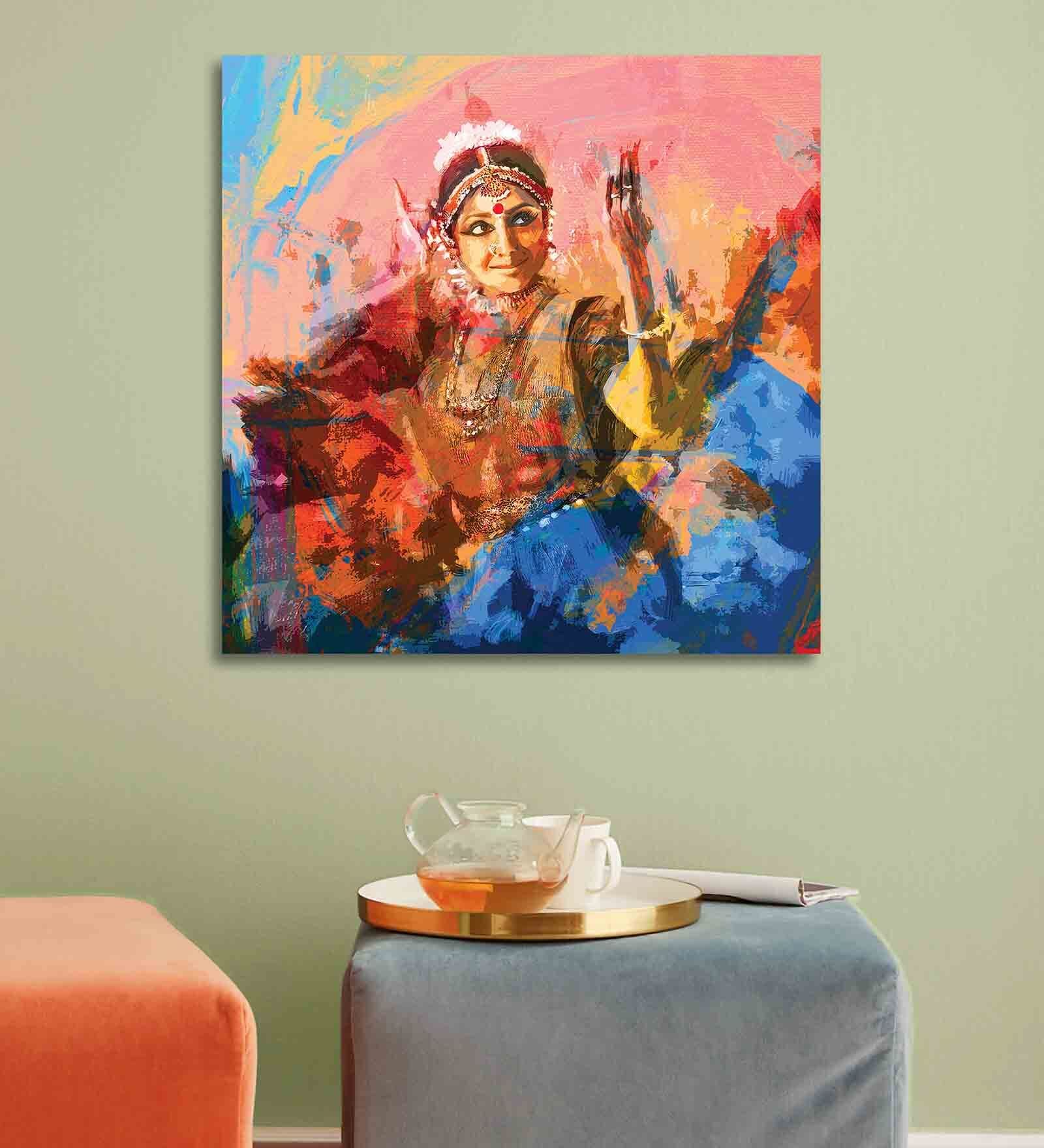 Indian Classical Dance Art Multicolour Canvas Teakwood And MDF Framed People and Places Art Print