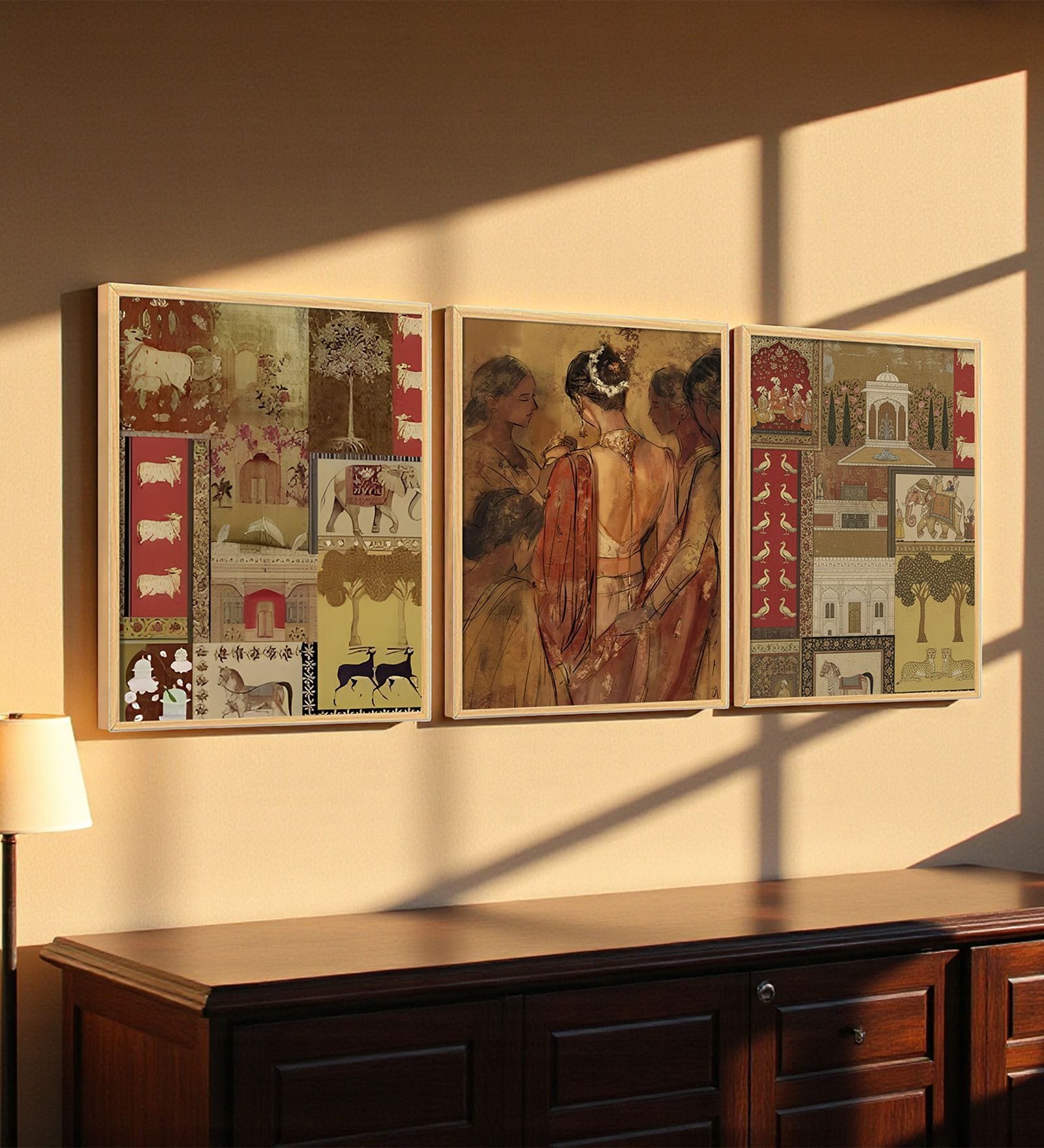 Indian Ethnic Women Wall Art Framed Set of 3