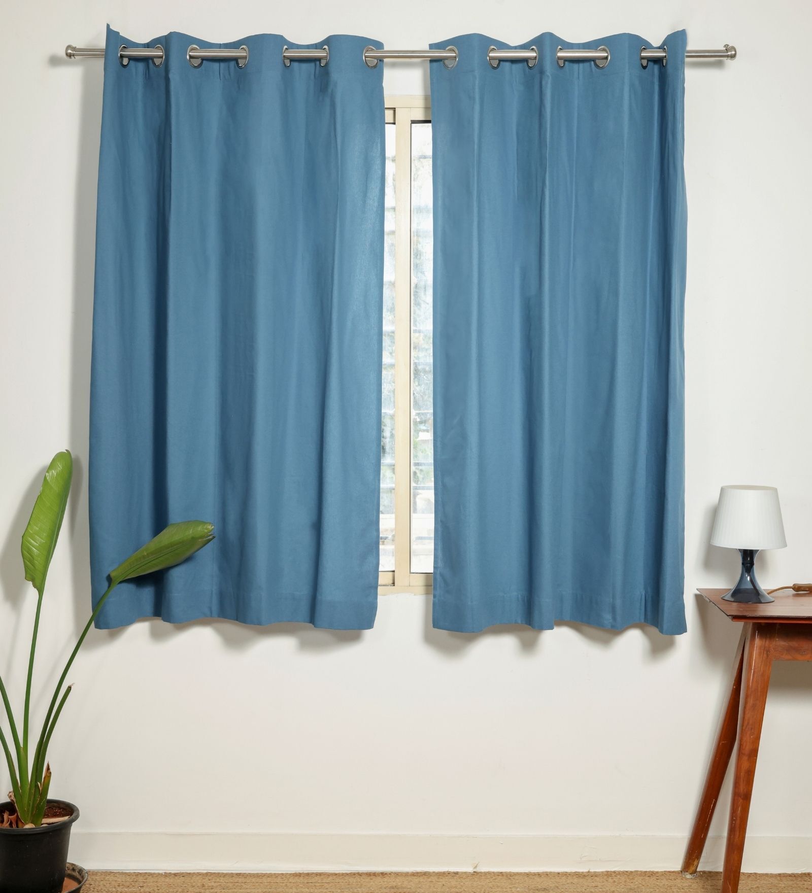 Indigo Blue Cotton 230 GSM  Solid 5 Feet Room Darkening Eyelet Window Curtains (2 Pc)