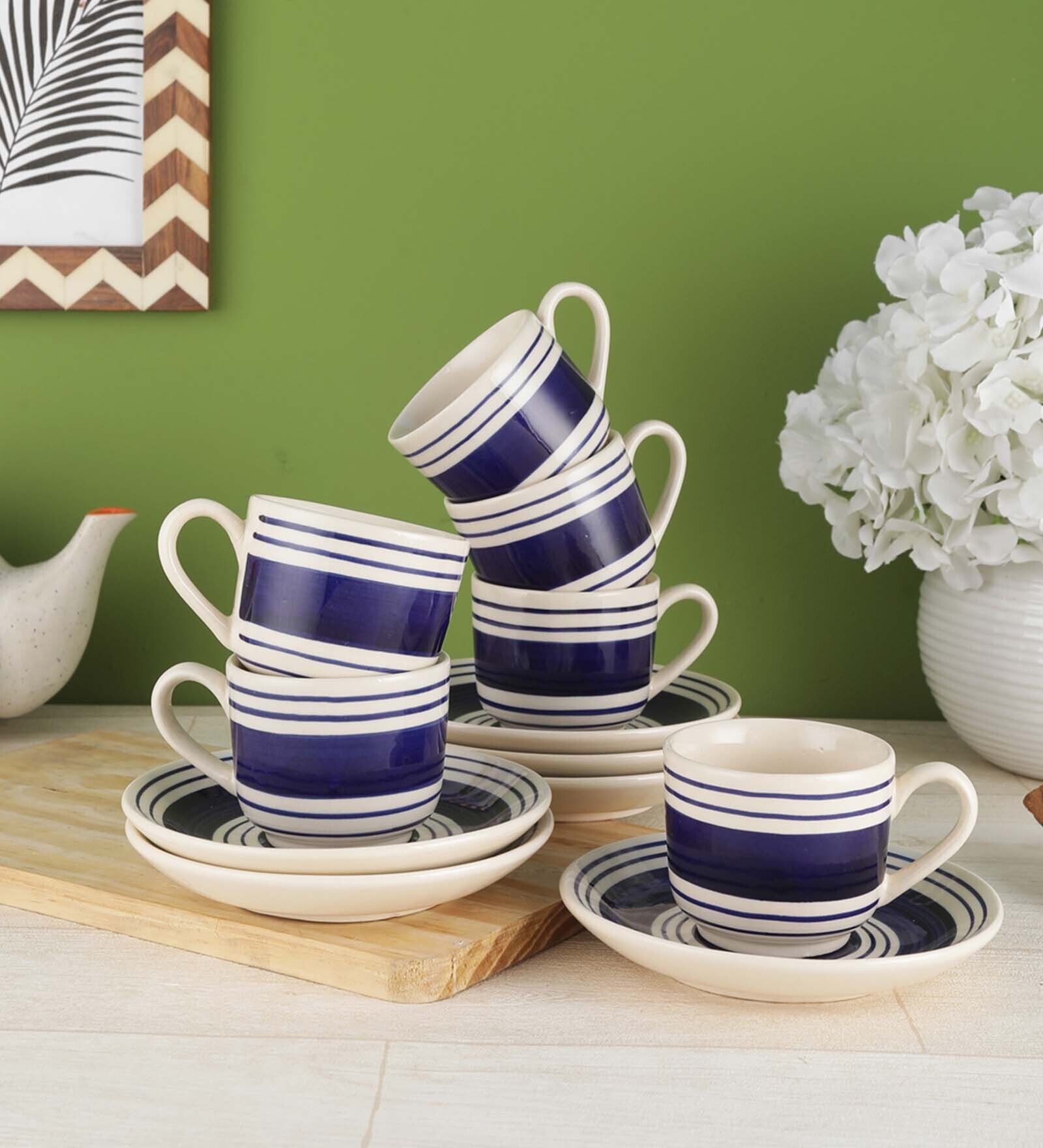 Indigo 130ml Blue & White Ceramic (Set of 12) Tea Cup & Saucer Set