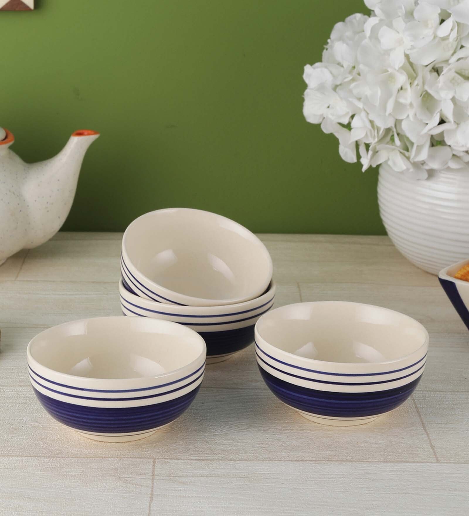 (Set of 4) 150ml Ceramic Indigo Blue Stripes Dinner Bowl (Set of 4) 150ml Ceramic Indigo Blue Stripes Dinner Bowl