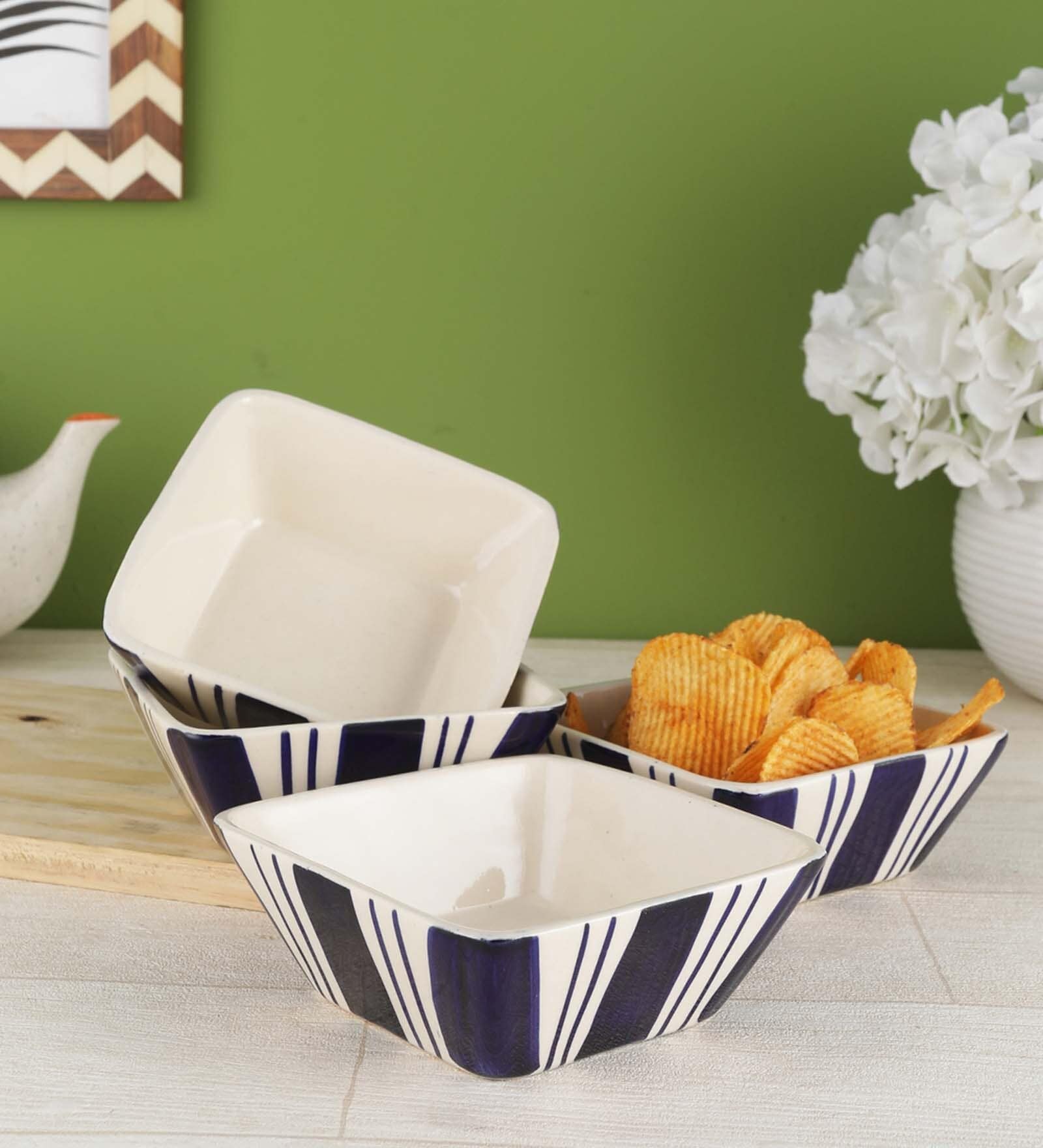 Indigo Blue Stripes 170ml (Set of 4) Ceramic Dinner Bowl