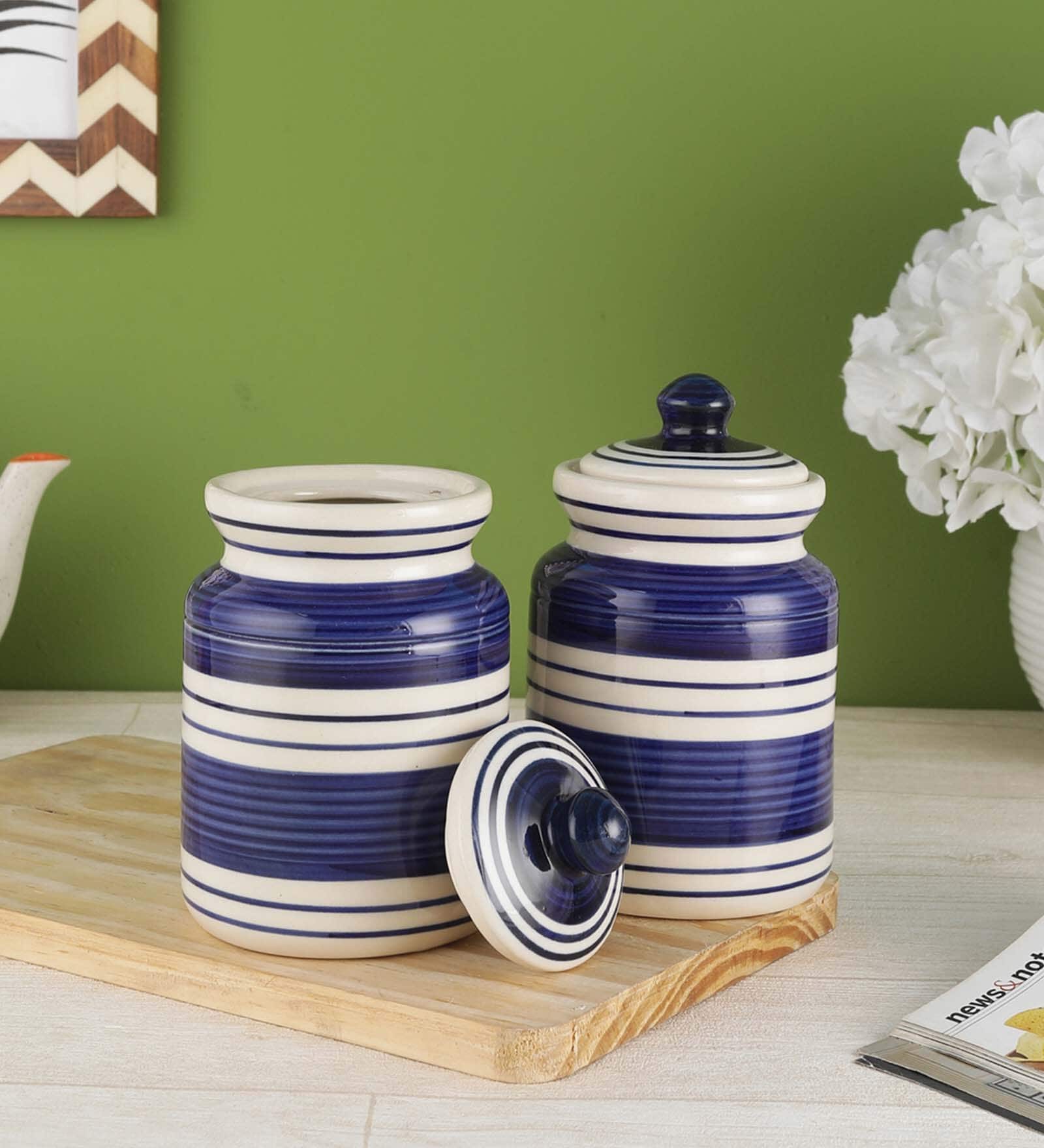 Indigo Blue Stripes 600ml (Set of 2) Ceramic Storage Jar