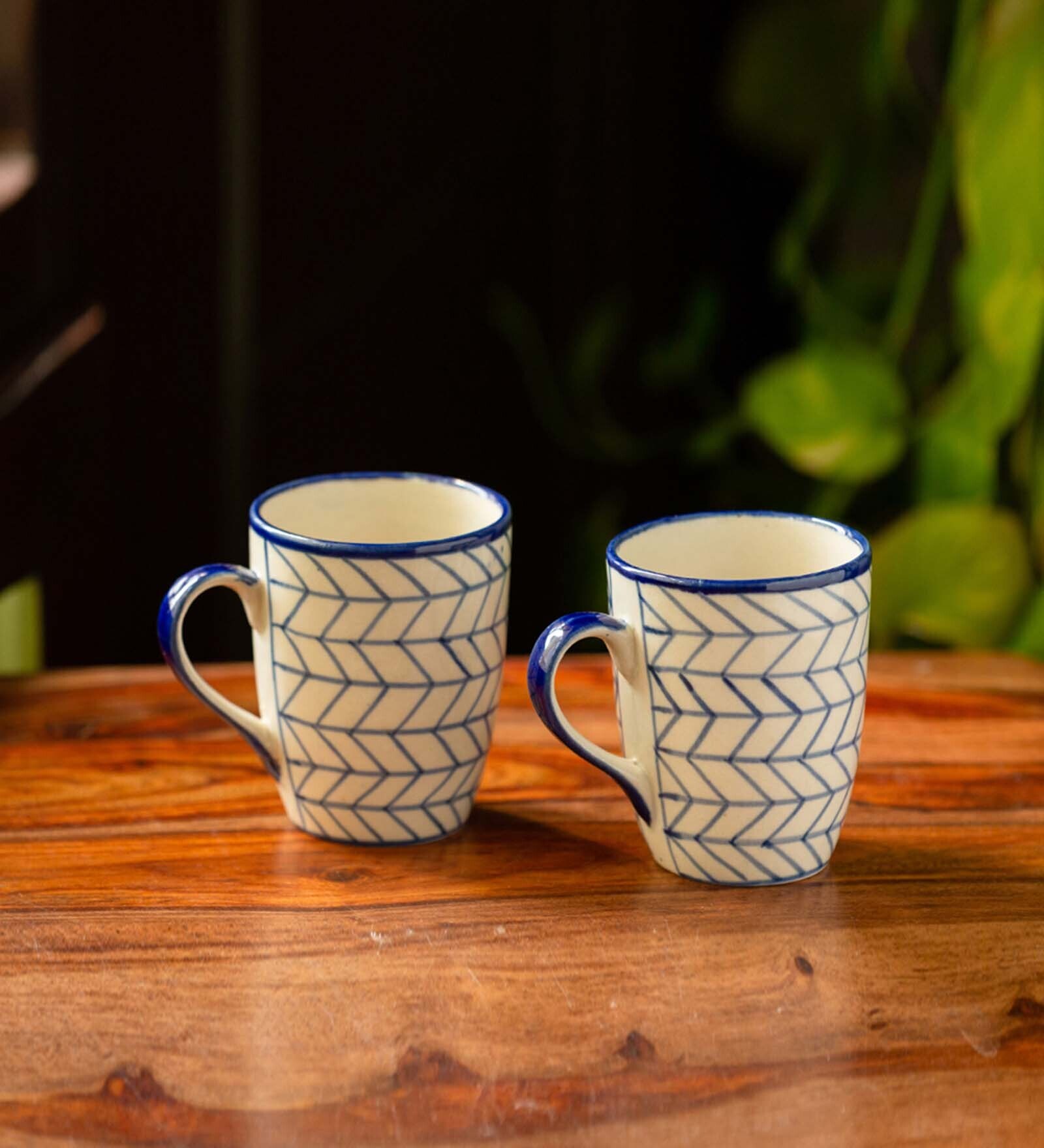 Indigo Chevron 300ml Blue & White (Set of 2) Ceramic Coffee Mug