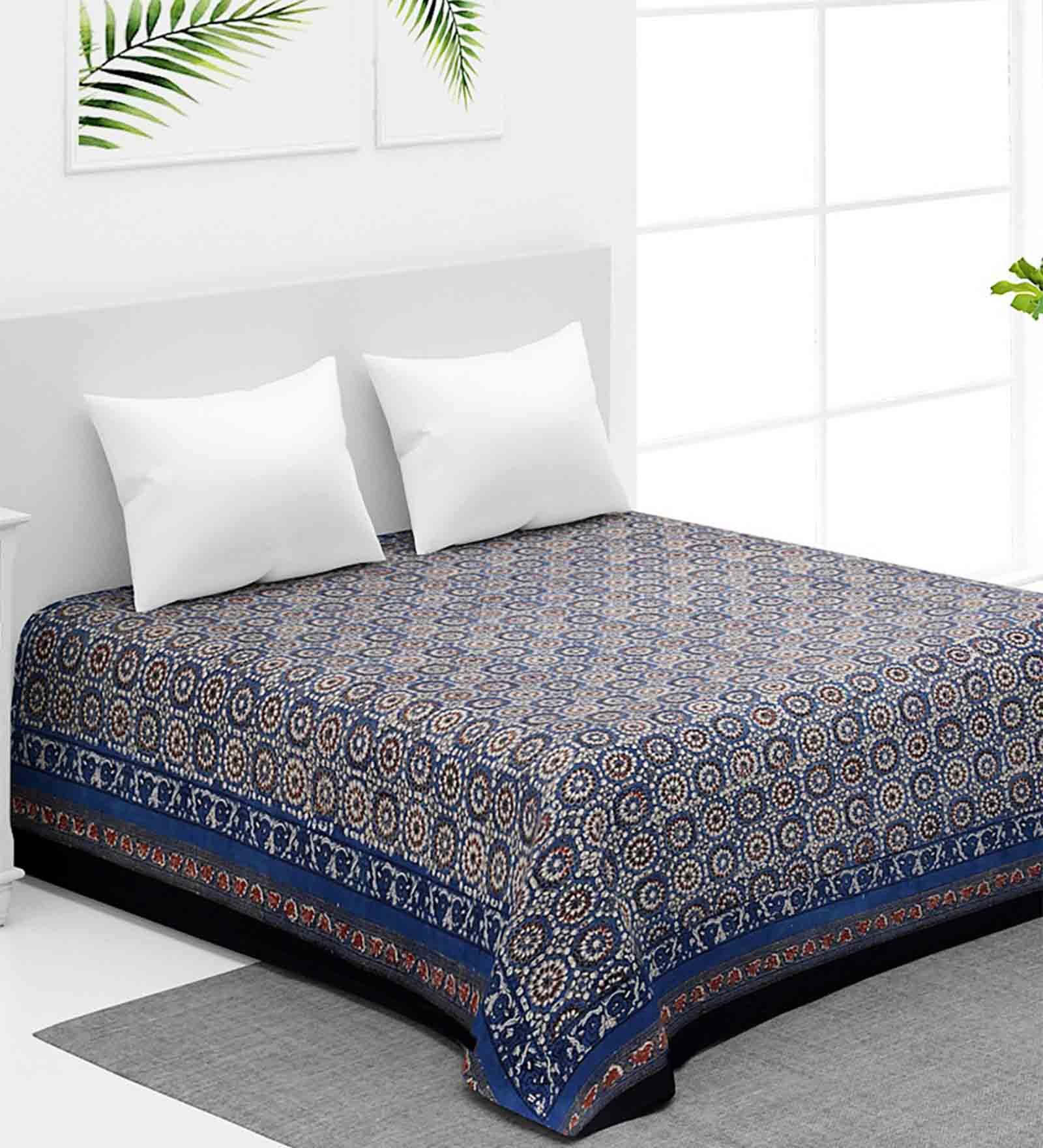 Indigo Floral 163 TC Cotton Double Bed Cover