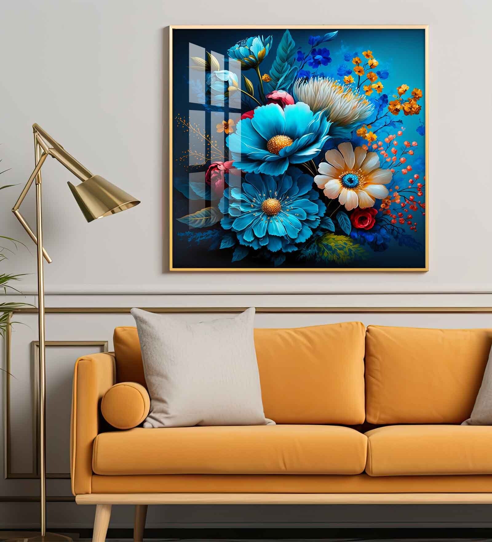 Indigo Floral Glass Finish Square Wall Art