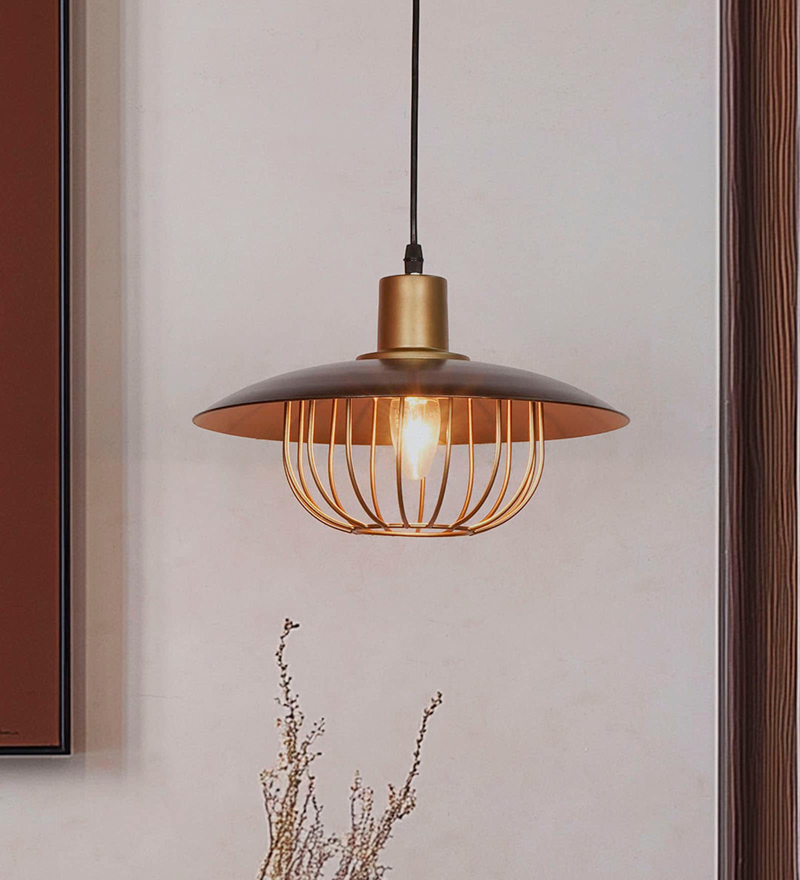 Industrial Brown & Gold Flat Top Cage Pendant Light