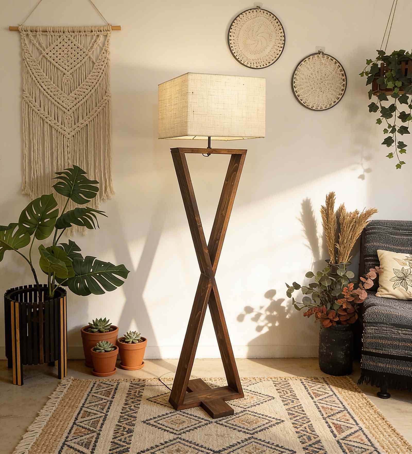 Infinity Wooden Floor Lamp with Jute Shade & Brown Base